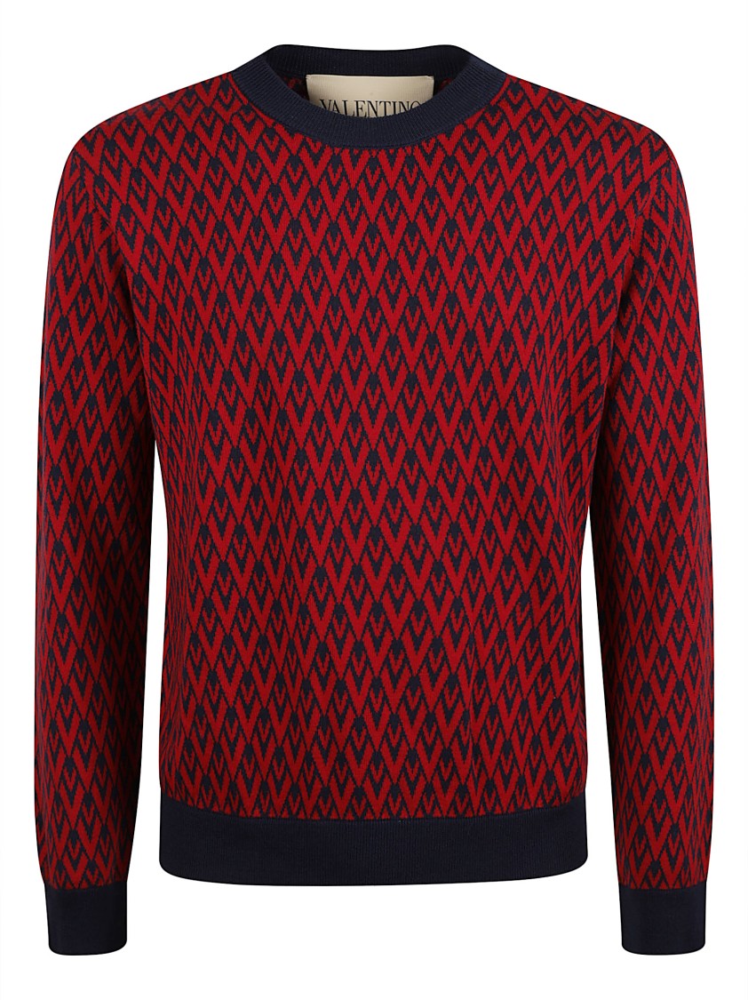 Red Geometric Pattern Crew Neck Sweater