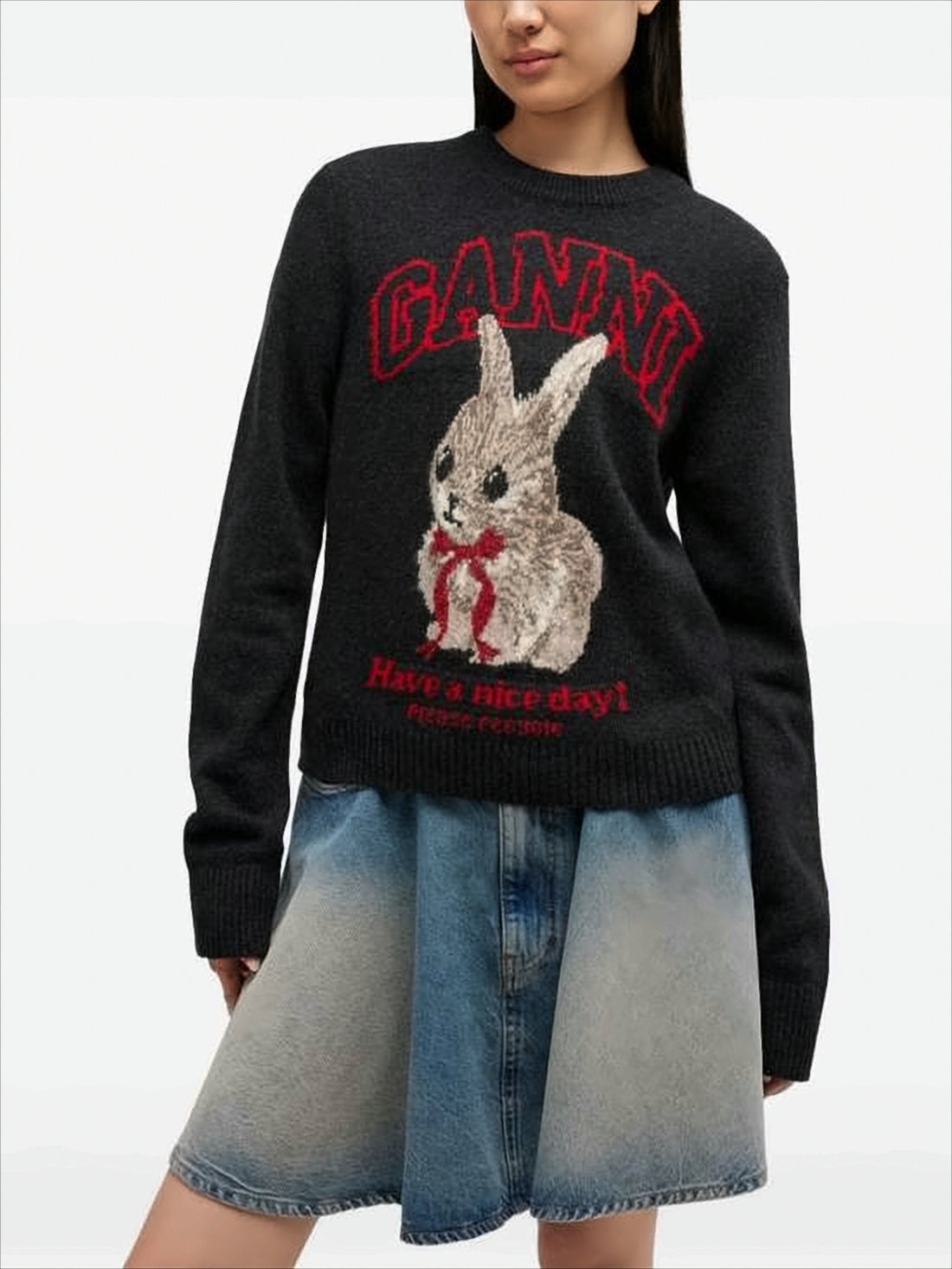 Knitted Bunny Design Sweater with Classic Crew Neckline