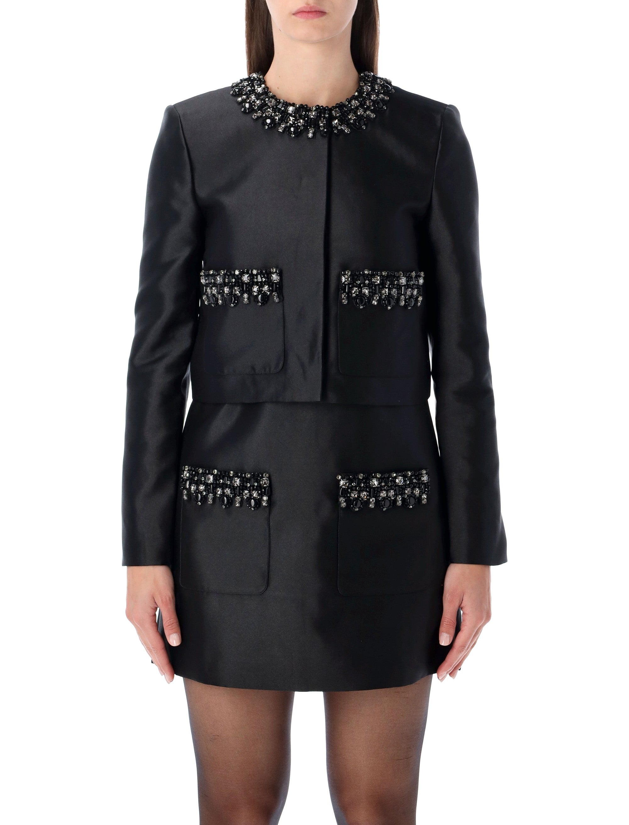 Black Taffeta Embellished Trim Jacket
