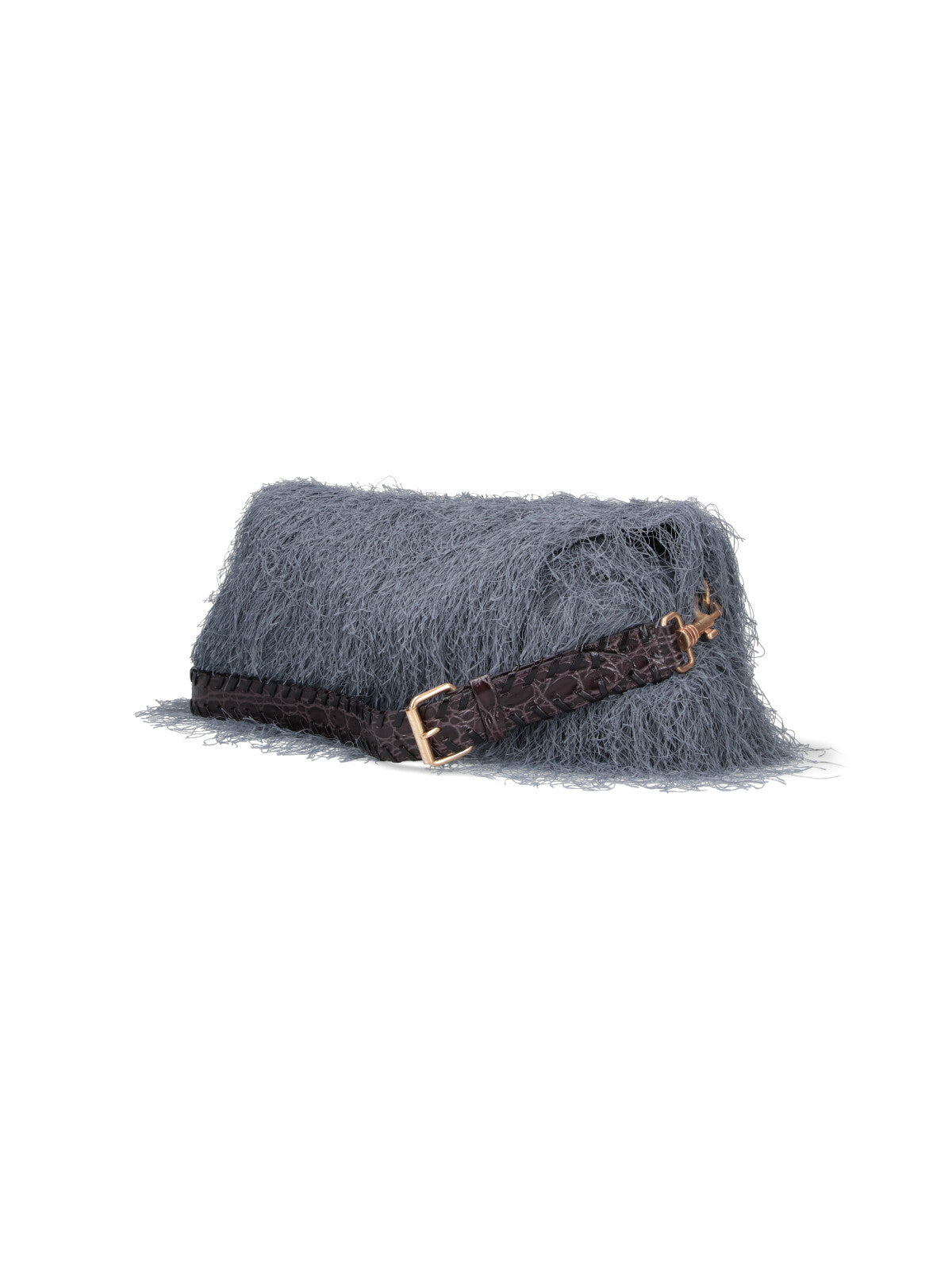 Fringe-Textured Grey Leather Shoulder Bag