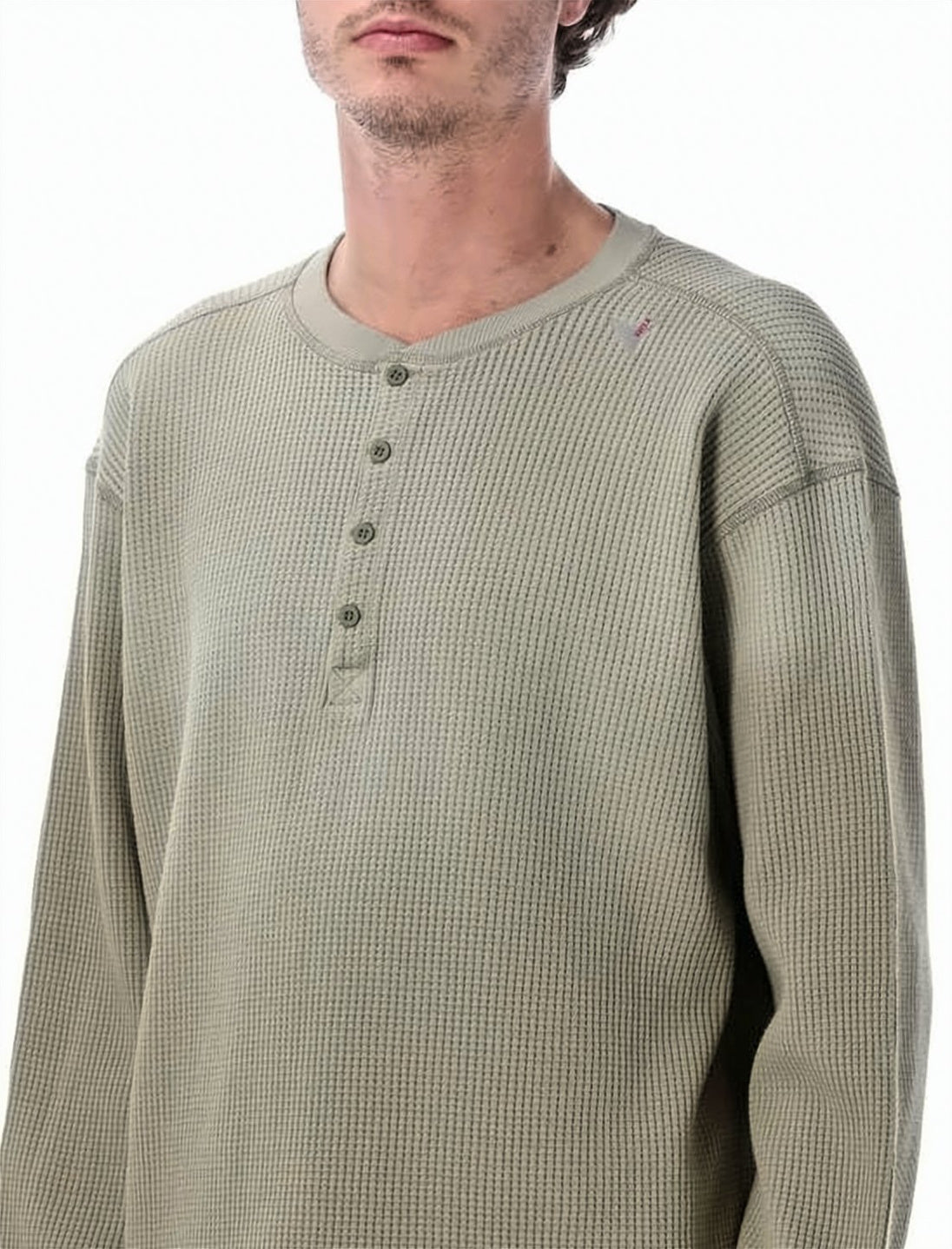 Long-Sleeve Waffle Knit Top with Buttoned Placket