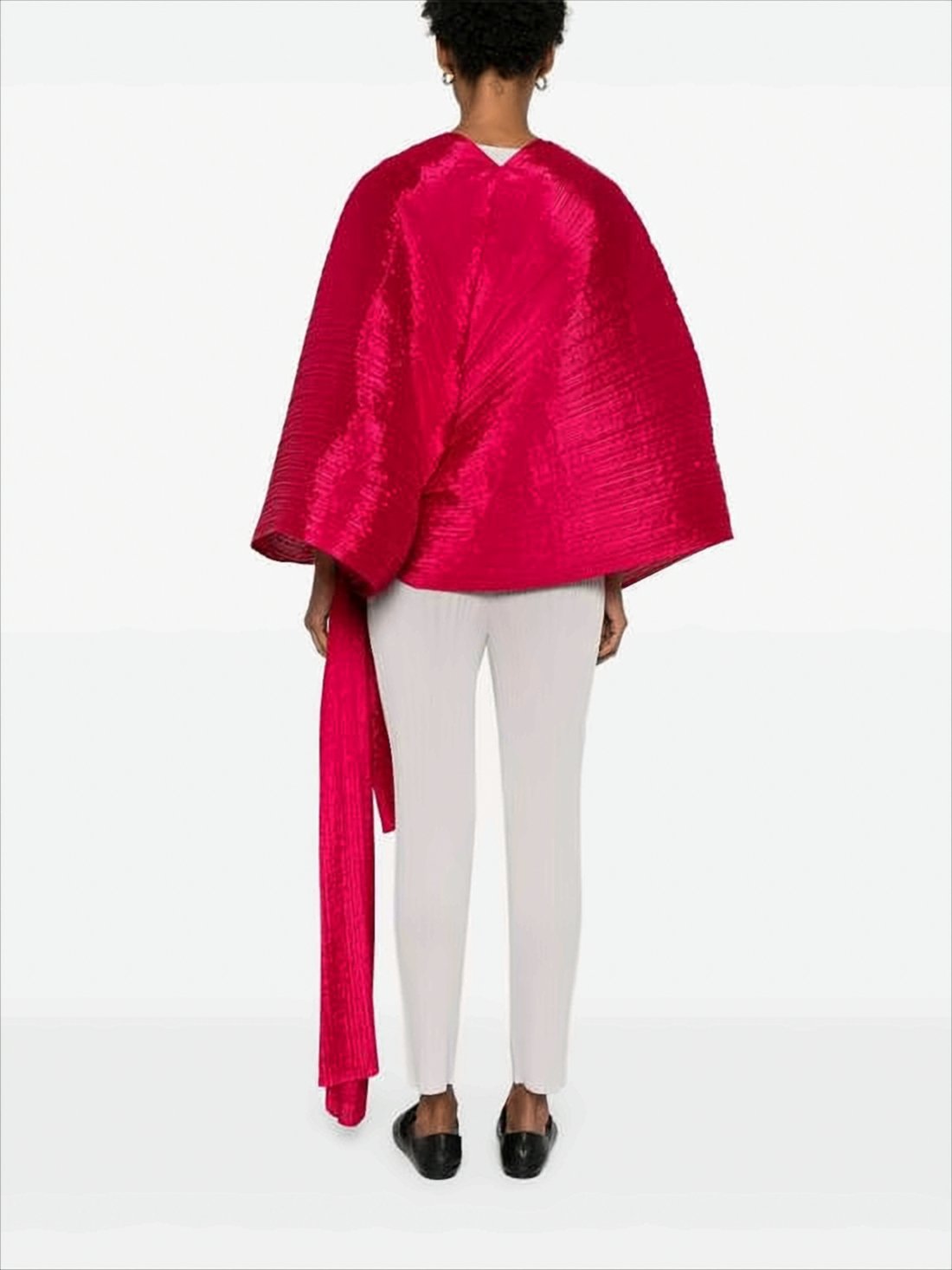 Asymmetrical Red Pleated Cape with Dynamic Silhouette