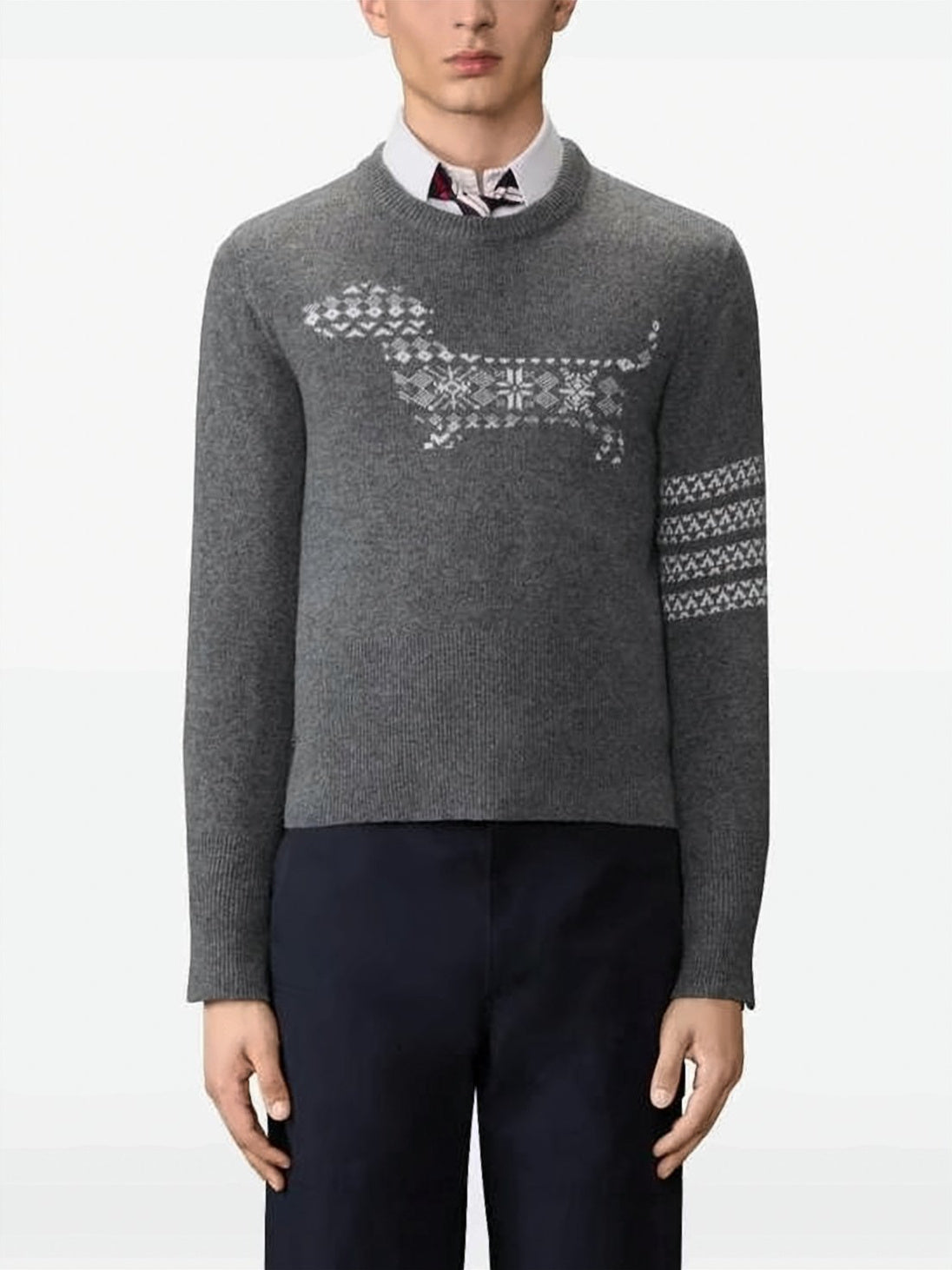 Patterned Grey Wool Sweater with Dog Motif and Geometric Design