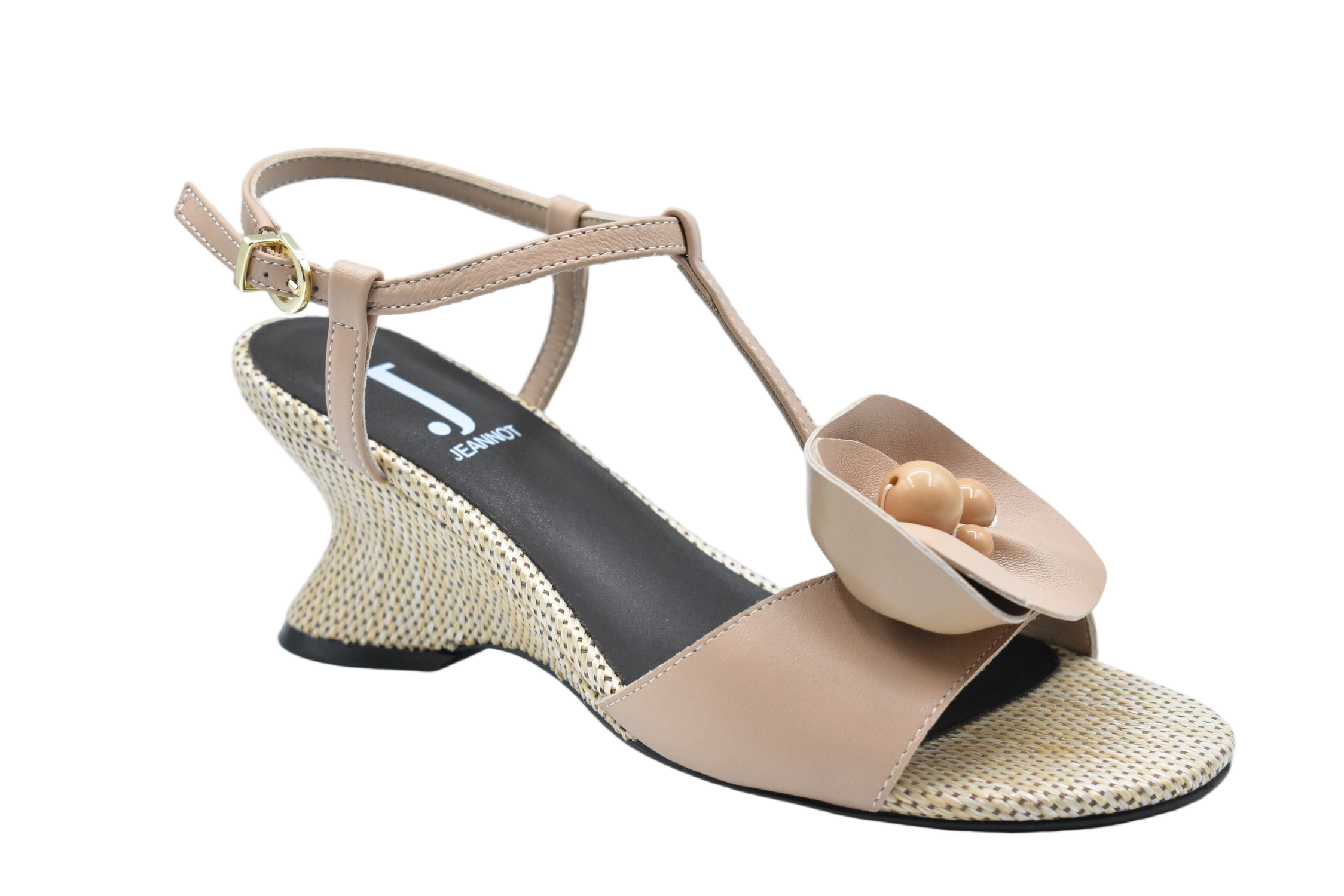 Beige Leather Low Wedge Sandals With Decorative Flower