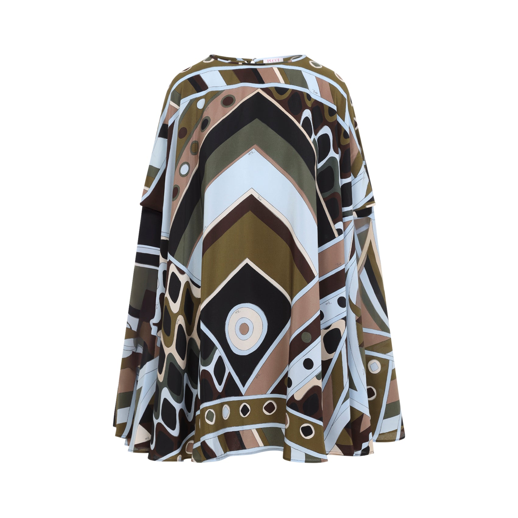 Geometric Pattern Silk Dress with Wide Sleeves