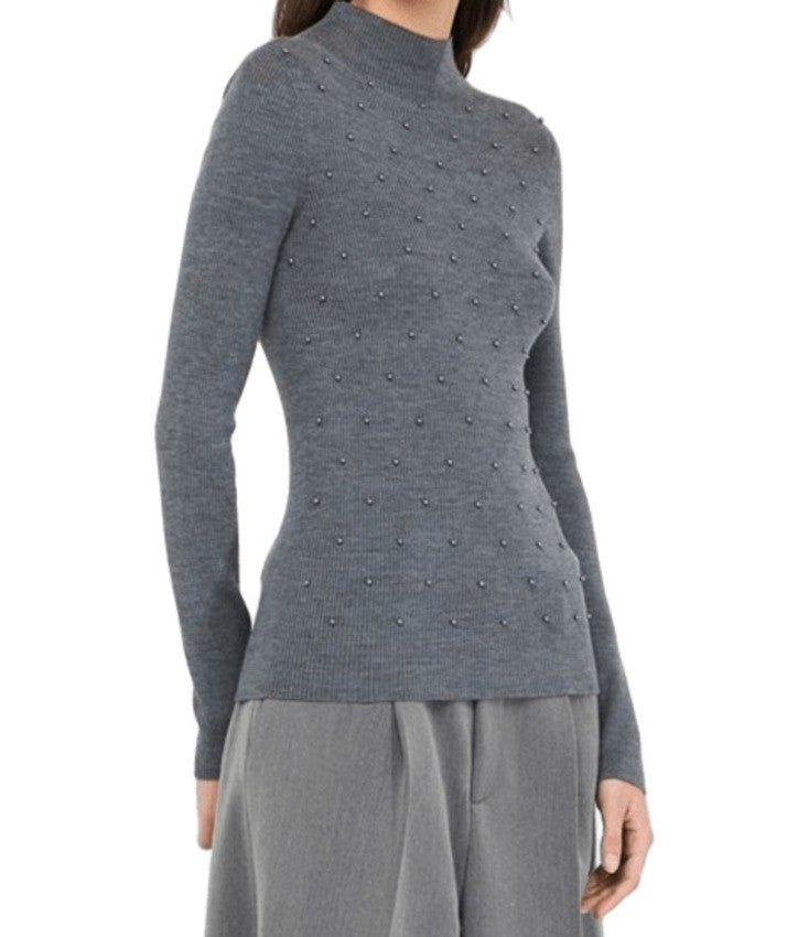 Medium Grey Melange Fitted Knit Top With Beaded Detailing