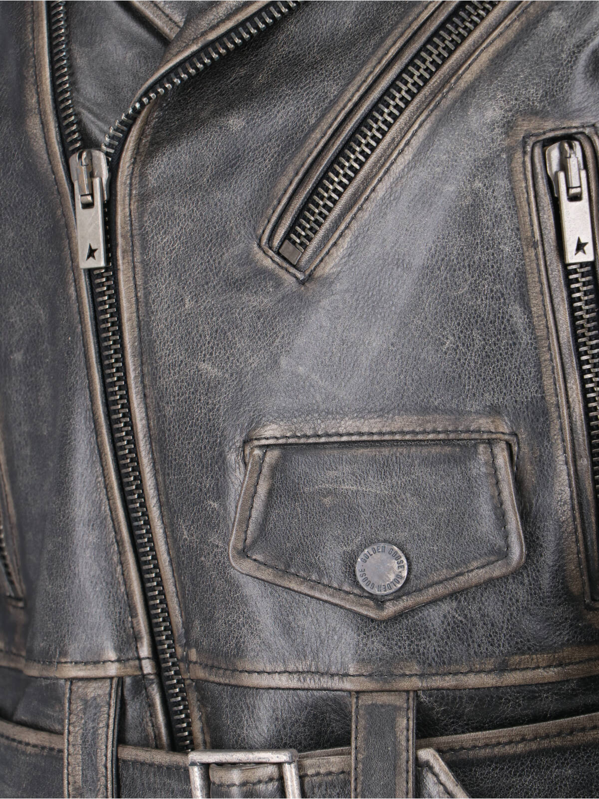 Biker Jacket, In Black Calfskin, Worn Effect