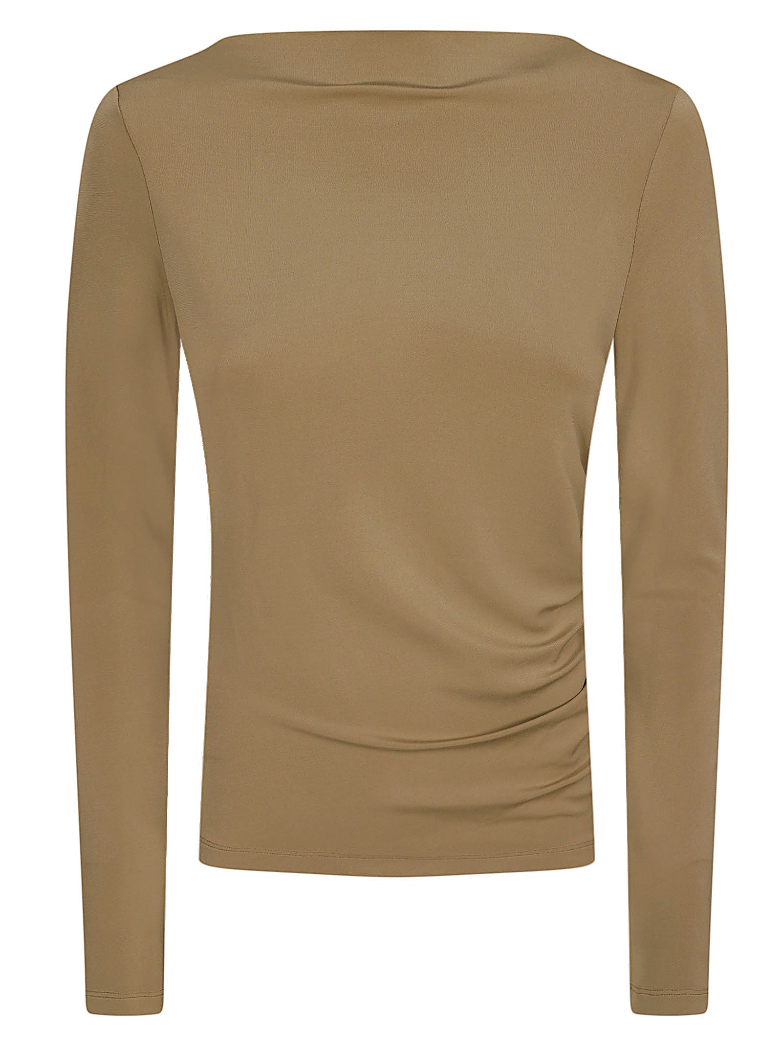 Fitted Long-Sleeved Top with Subtle Boat Neckline and Ruching Detail