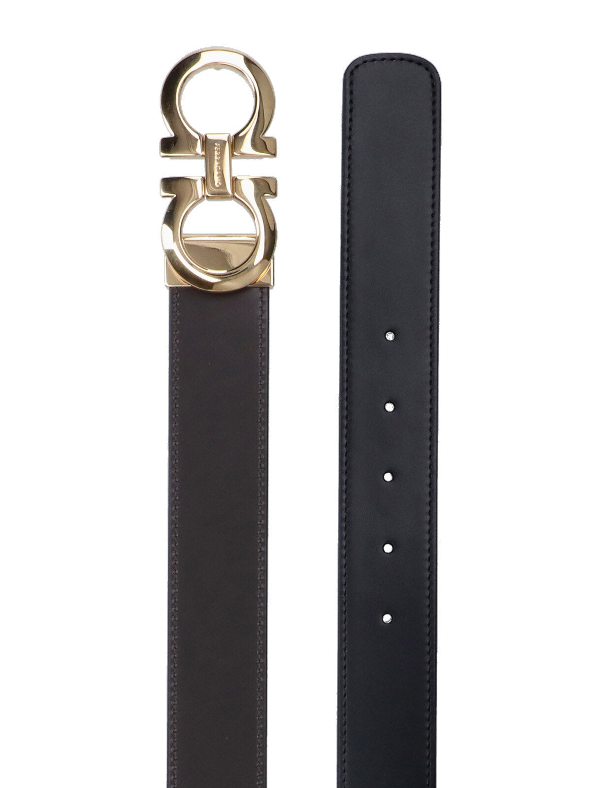Reversible Black Leather Belt with Gold-tone Gancini Buckle