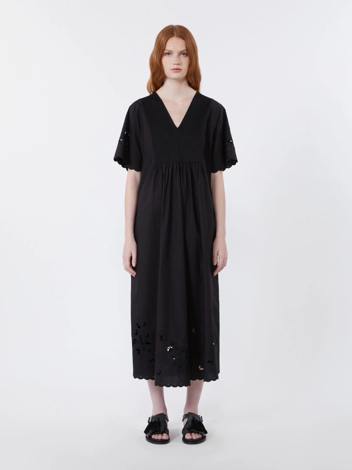 Flowing Midi Dress with Floral Embroidery