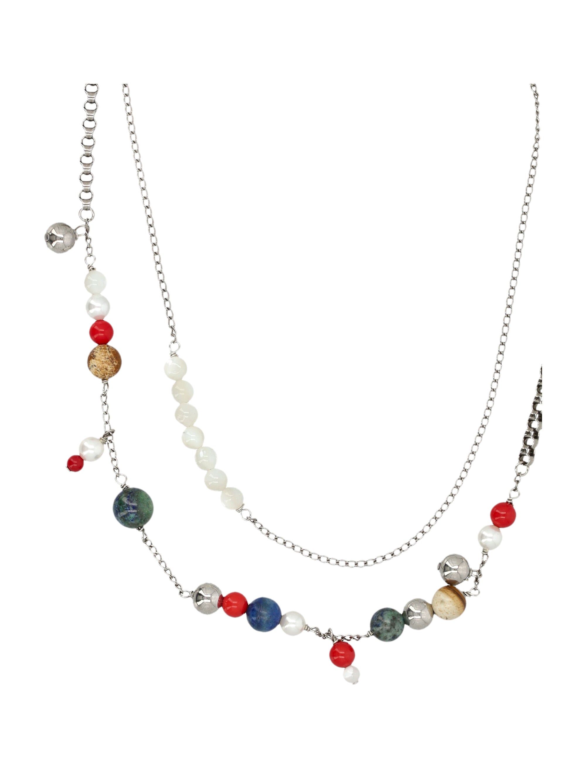 Double-Chain Necklace with Natural Stones and Freshwater Pearls
