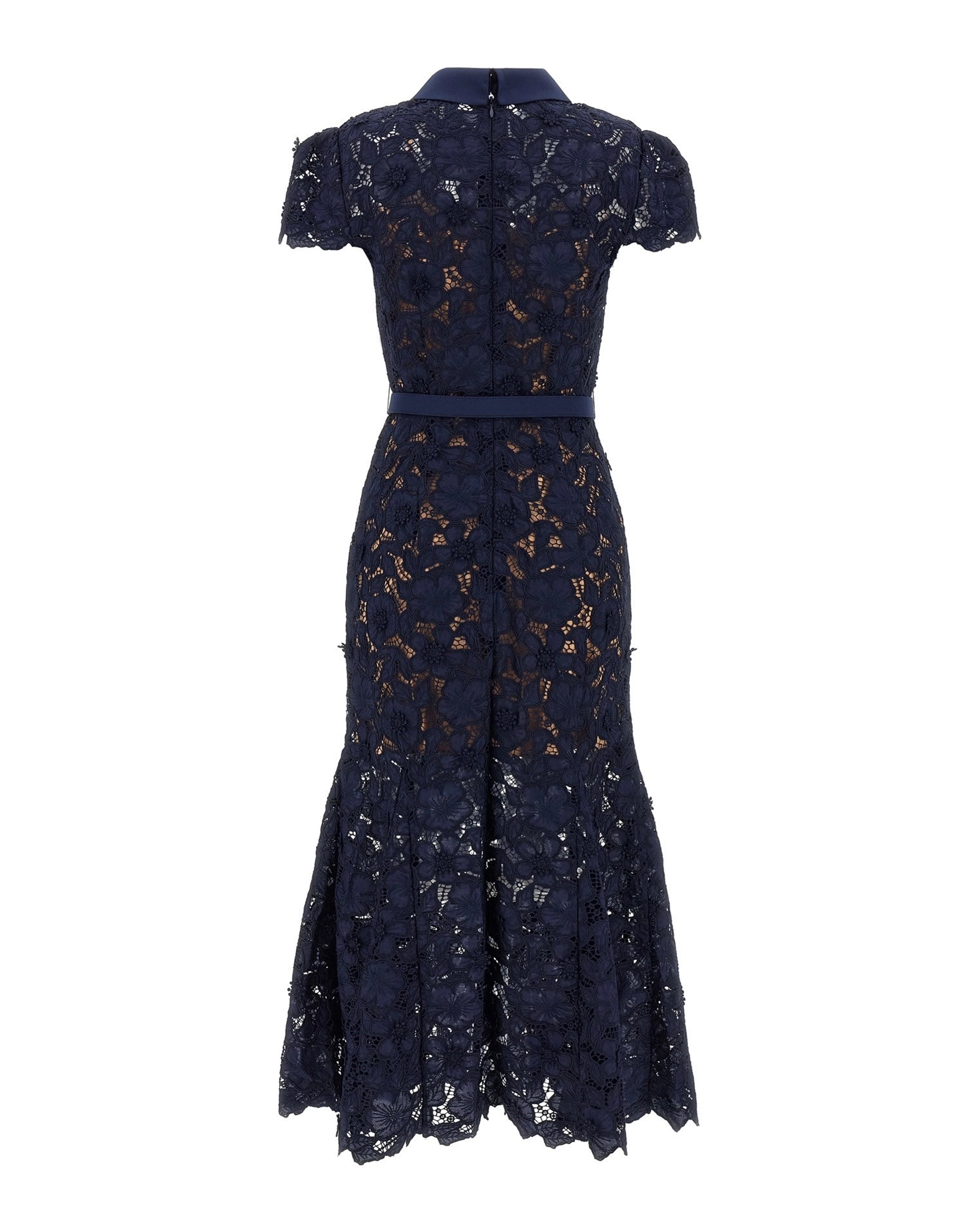 Navy Guipure Lace Midi Dress with Ruffled Hem