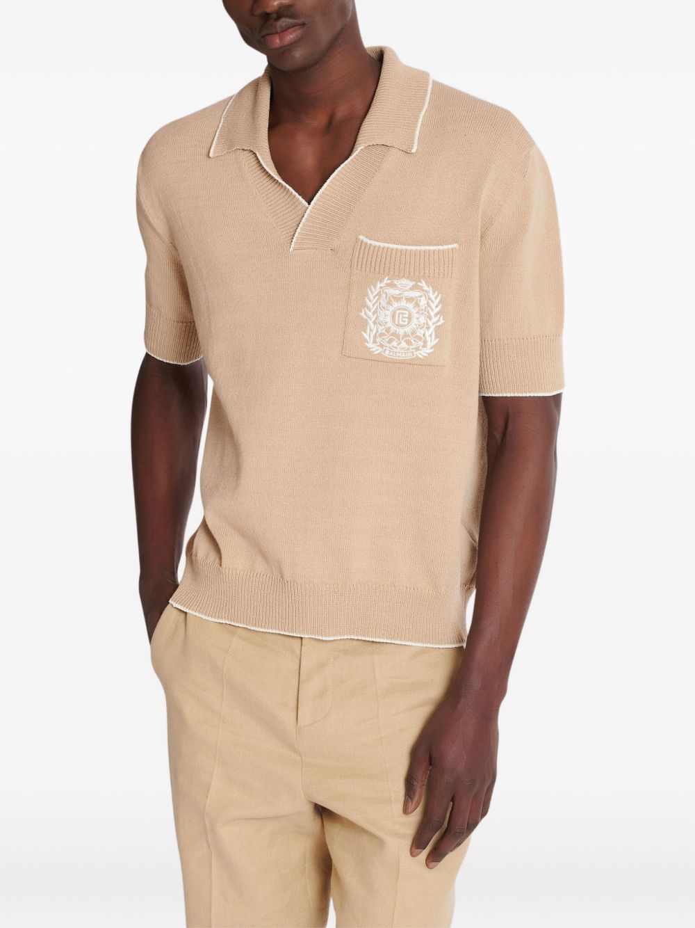 Embroidered Logo V-Neck Beige Knit Polo Shirt
