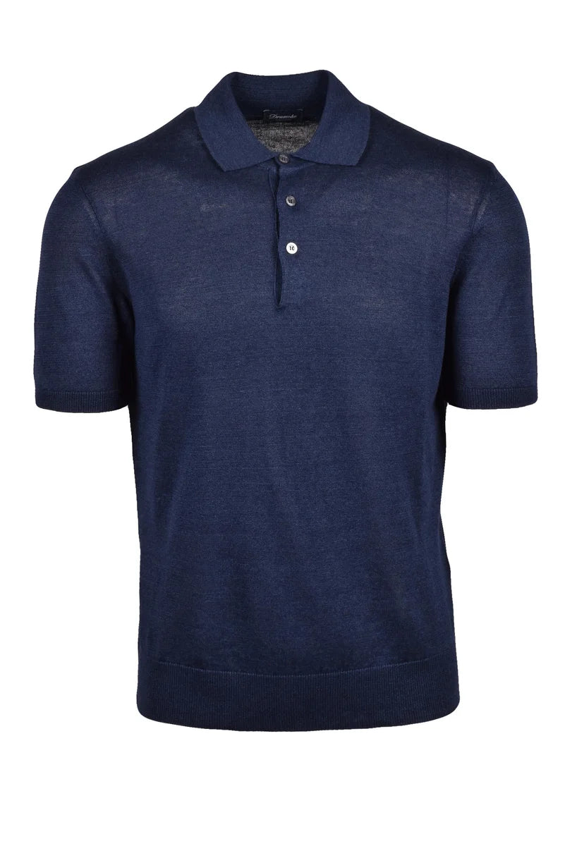 Linen Cotton Knit Polo Shirt - Blue