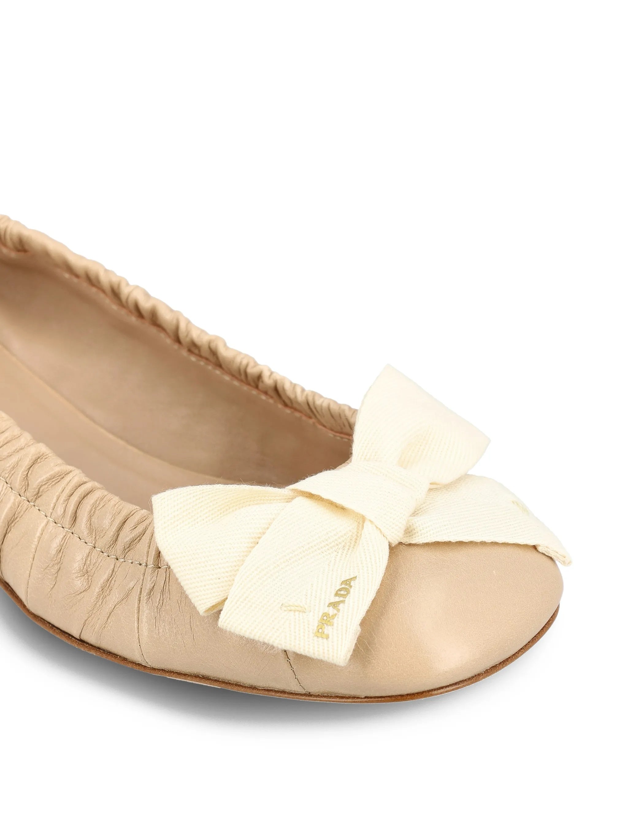 Beige Decolette Ruched Leather Flats