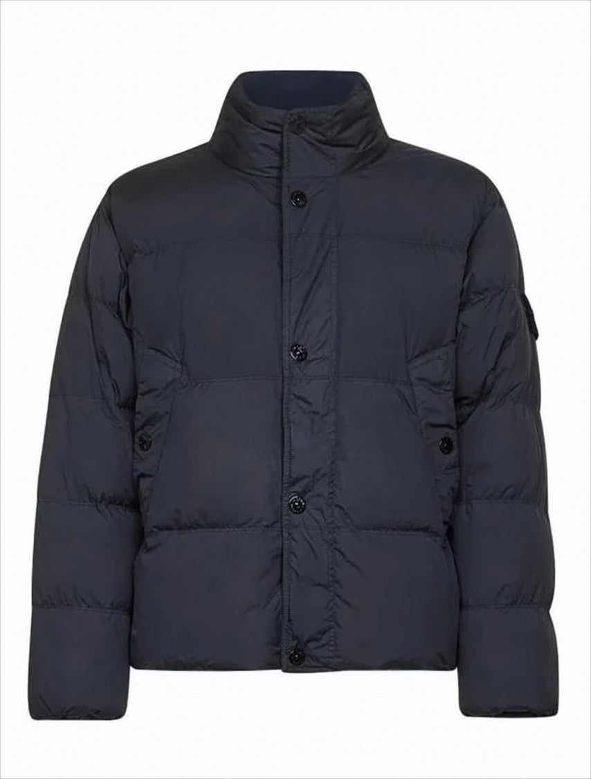 Boxy Black Padded Jacket with Horizontal Quilting and Stand Collar
