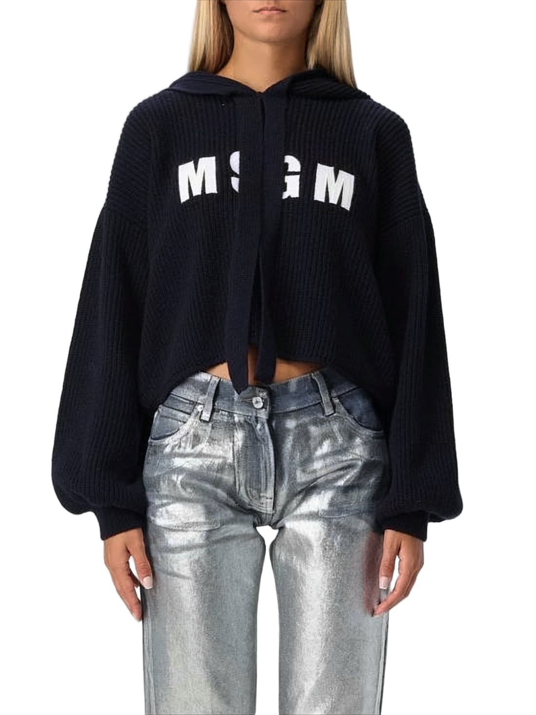 Cropped Knit Hoodie with Ribbed Texture