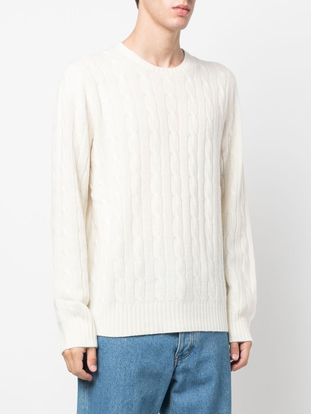 Cashmere Cable-Knit Crewneck Sweater With Ribbed Trims