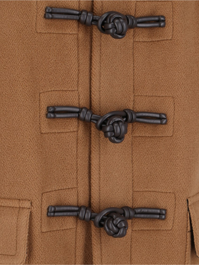 Brown Wool Duffle Coat With Hood And Braided Leather Fastenings