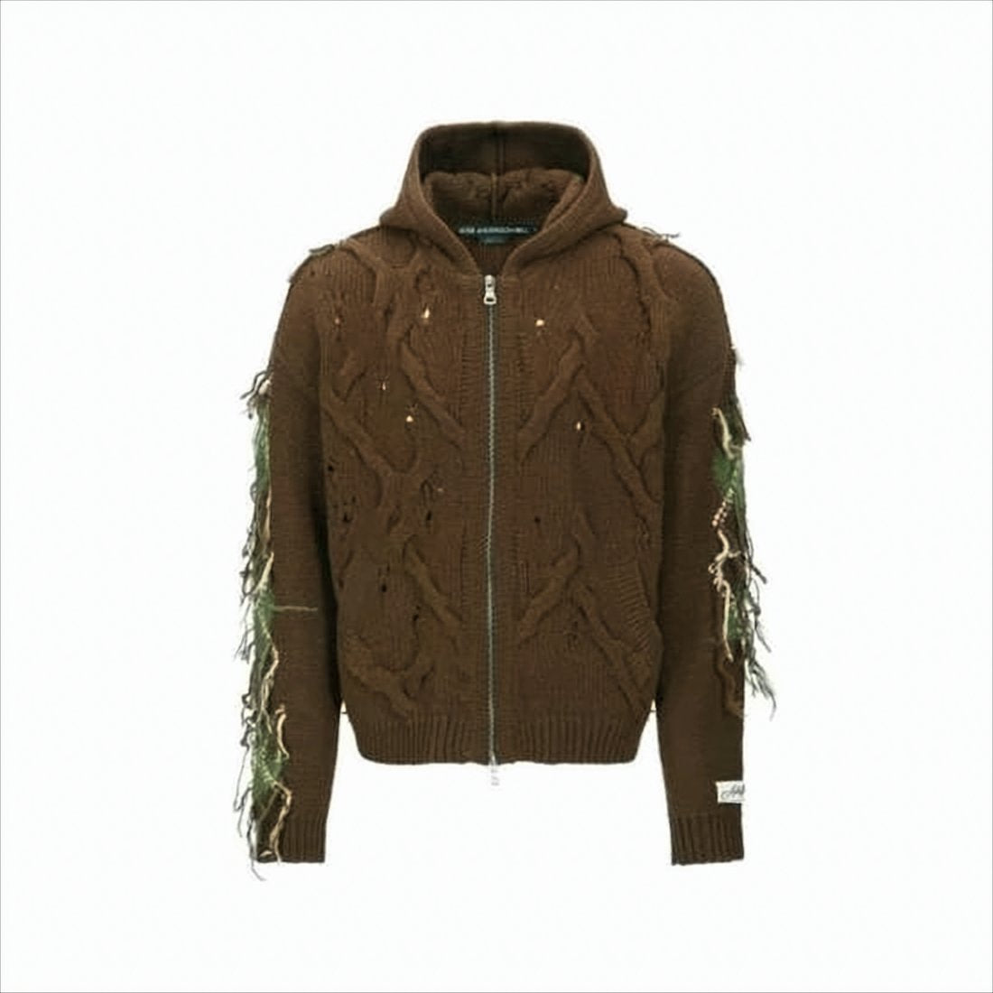 Textured Brown Zip-Up Hoodie with Cable Knit