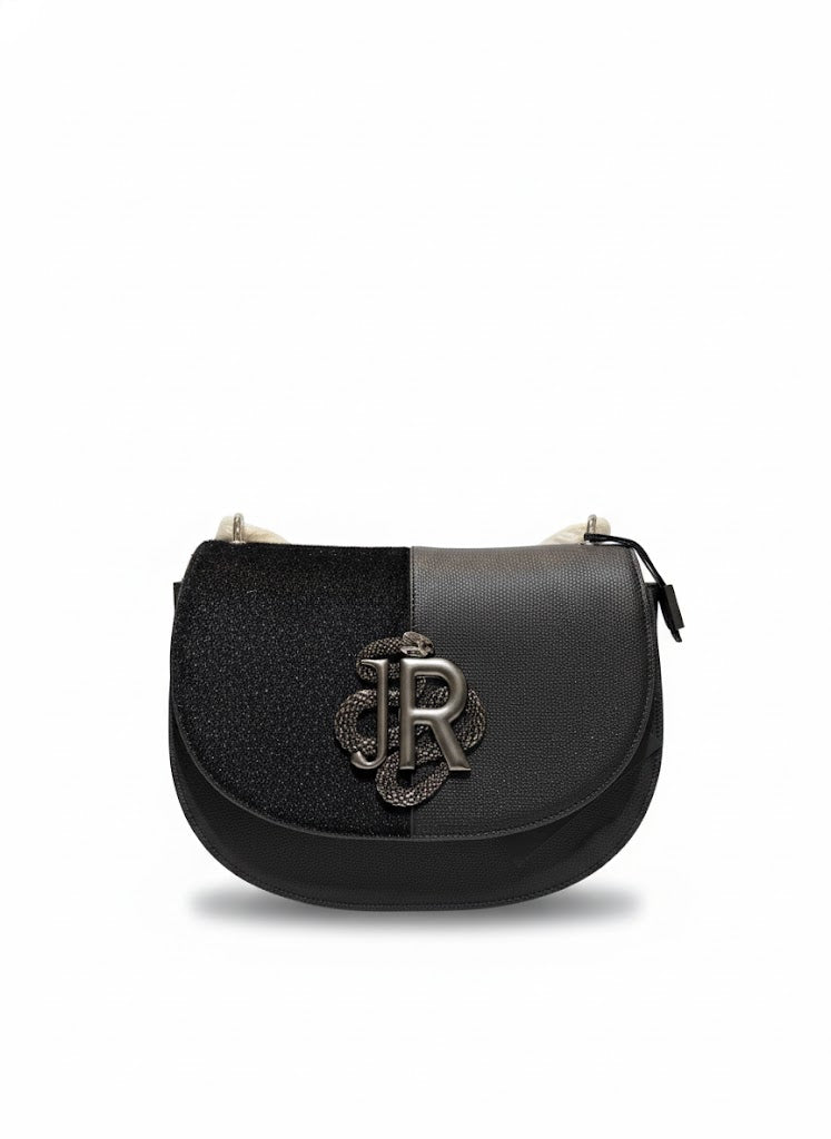Half-and-Half Design Shoulder Bag with Metallic Emblem