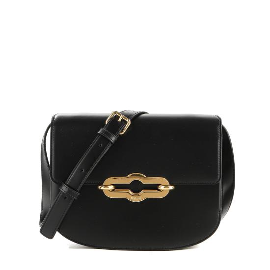 Structured Black Calf Leather Shoulder Bag with Gold Hardware
