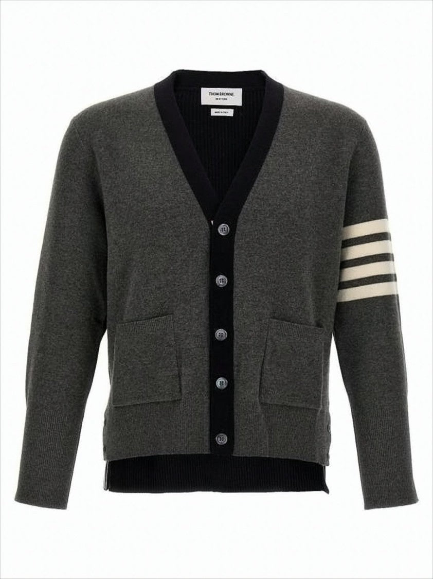Classic V-Neck Cardigan with Striped Detailing