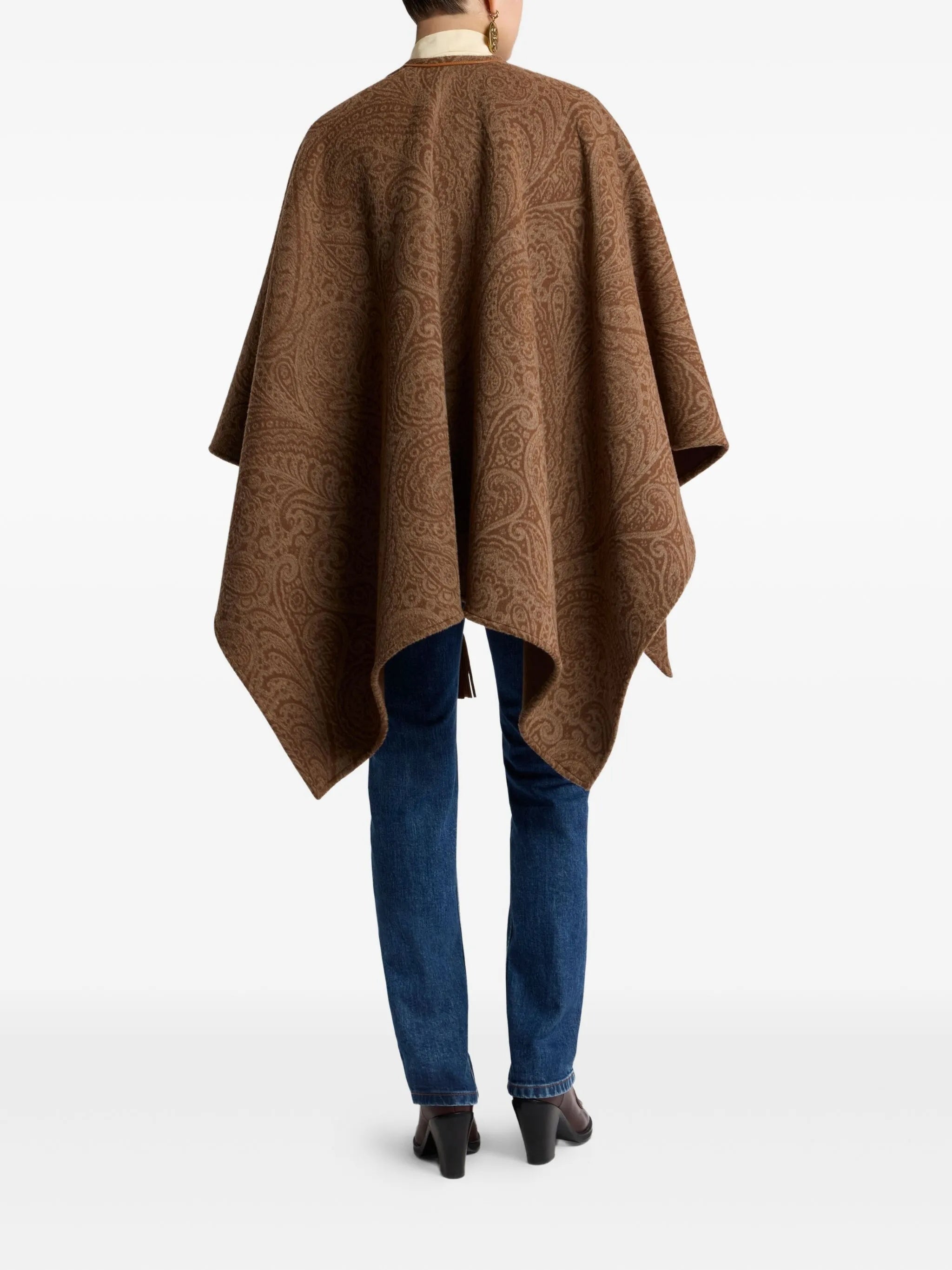 Brown Paisley Pattern Cape with Leather Trim