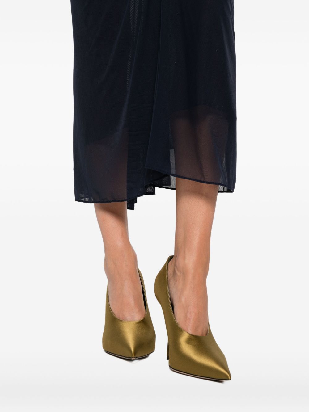 Ink Blue Ruched Mesh Midi Skirt