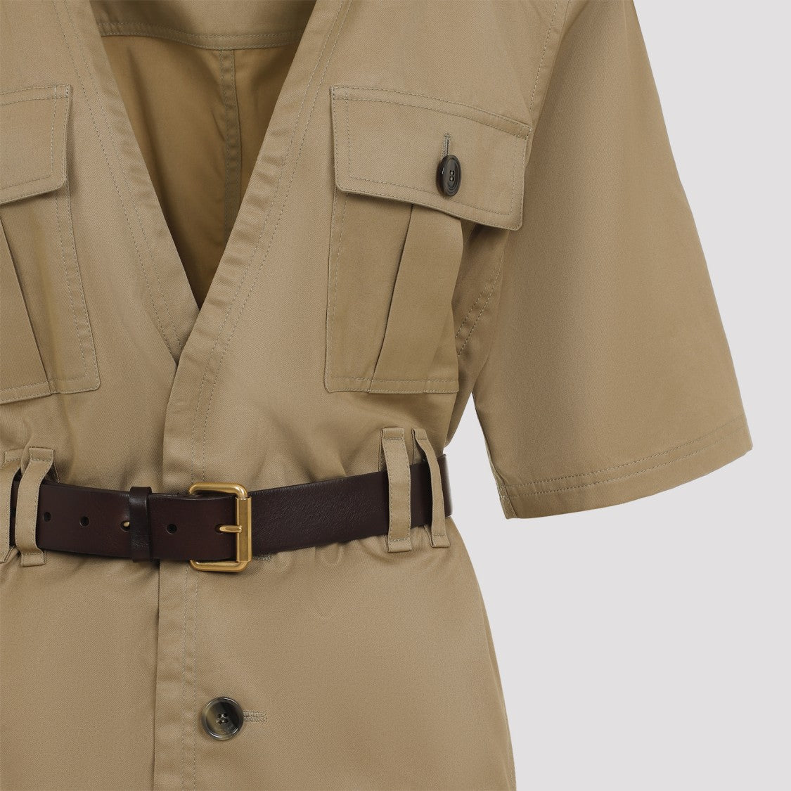 Beige Cotton Belted Dress