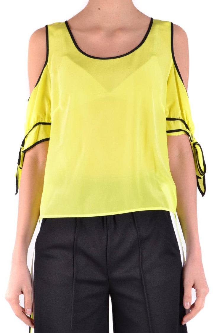 Cold-Shoulder Yellow Silk Top With Bow-Tied Sleeves