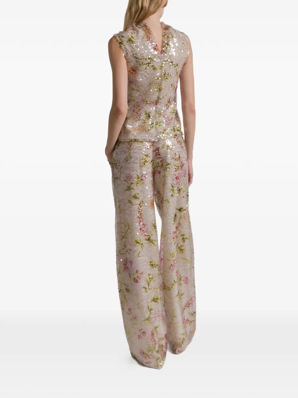 High-Waisted Wide-Leg Pants with Floral Sequin Embellishments