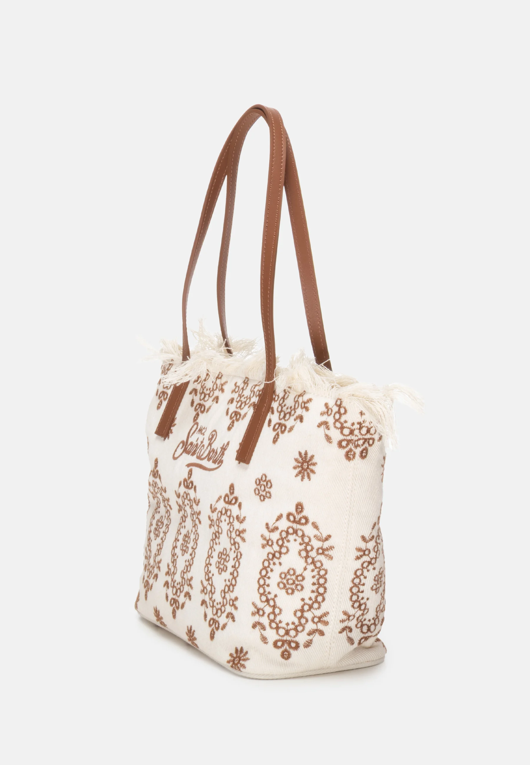 Rectangular Tote Bag with Embroidery and Leather Handles