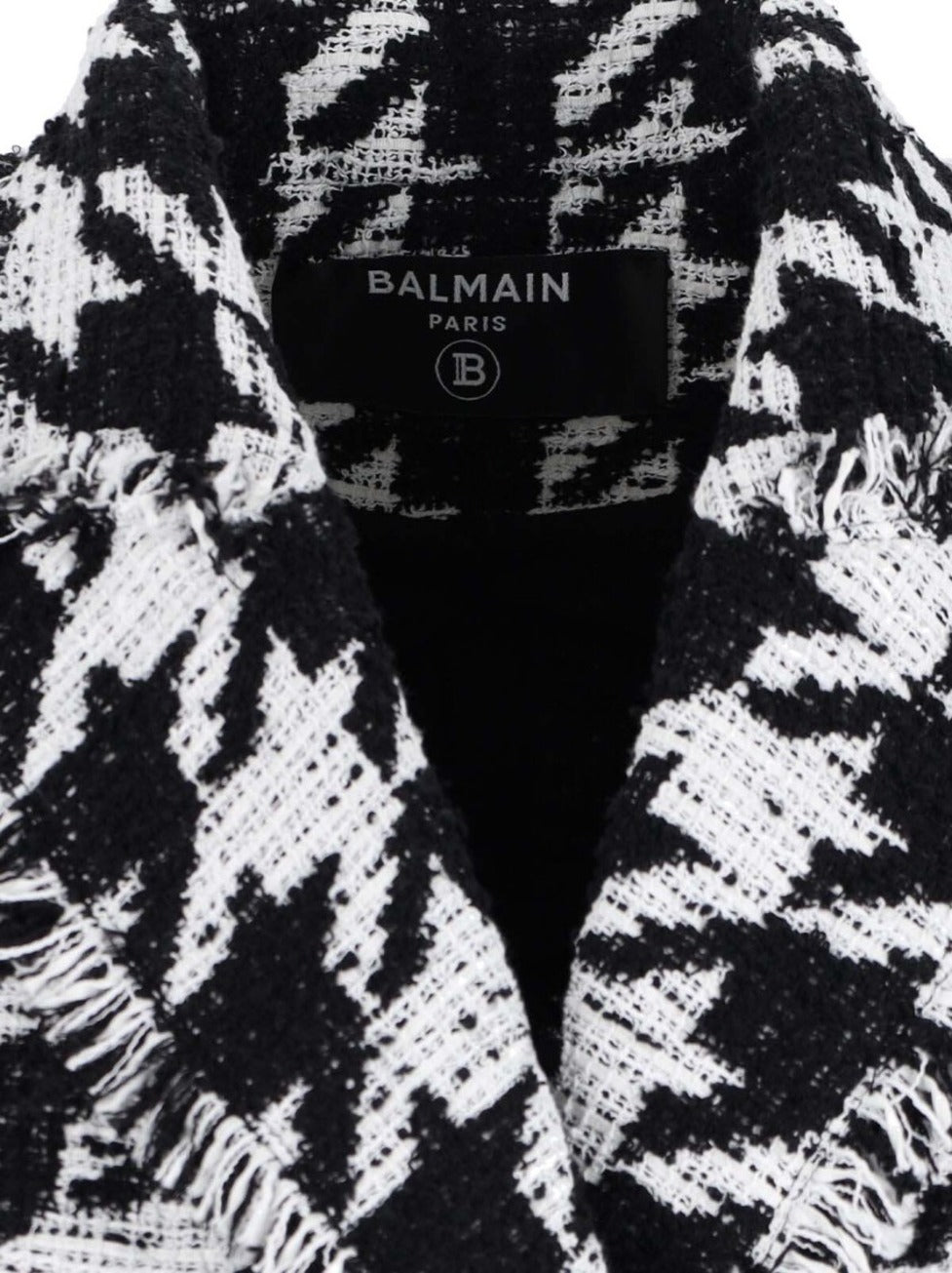 Double-Breasted Houndstooth Blazer With Frayed Design