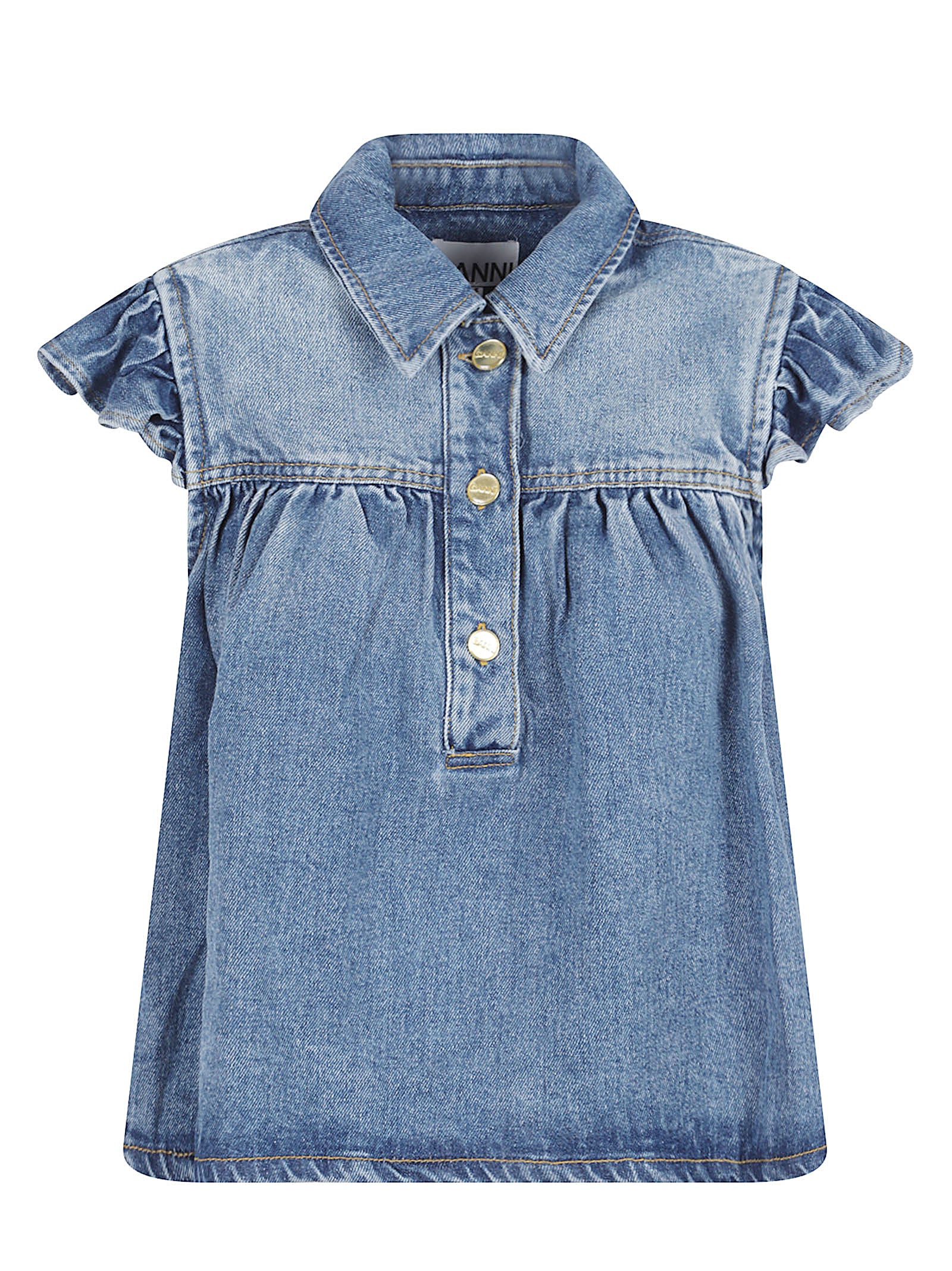 Medium-Wash Denim Shirt with Ruffled Sleeves