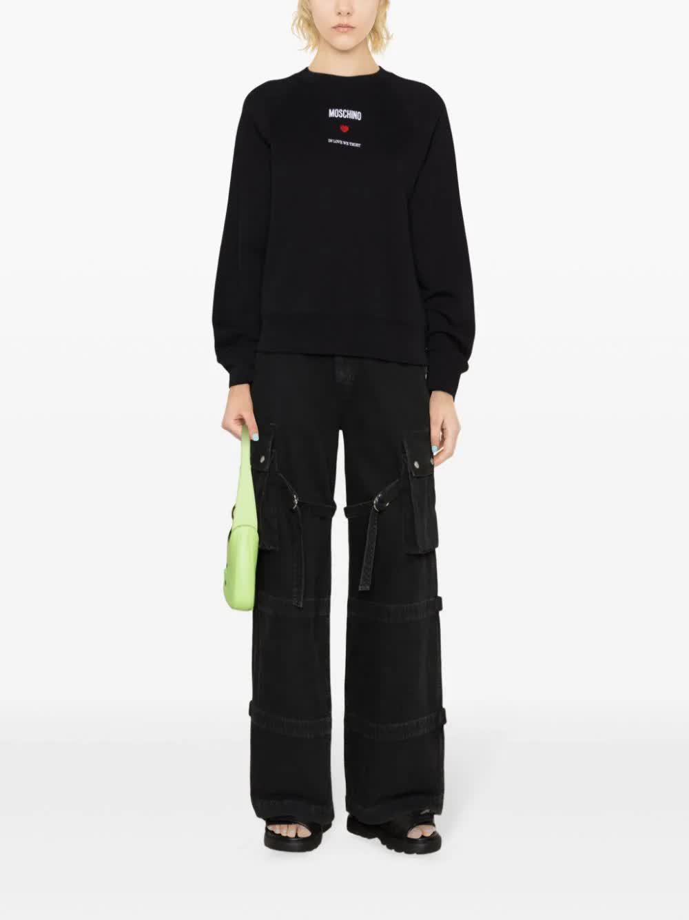 Black Relaxed Fit Cropped Cotton Logo Sweatshirt
