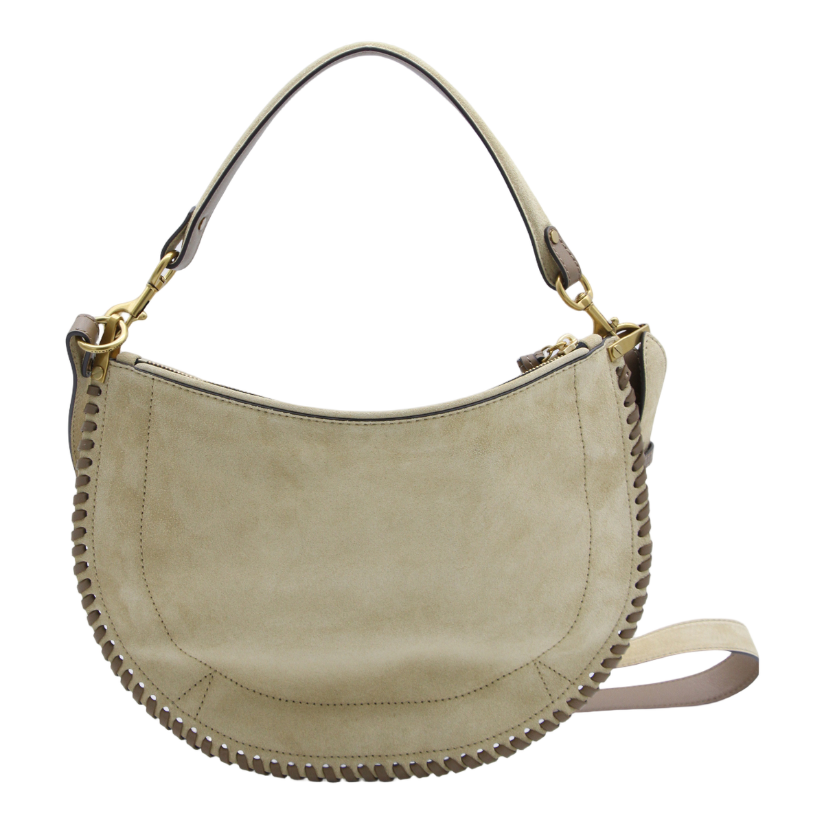 Crescent-Shaped Suede Handbag With Whipstitch Details