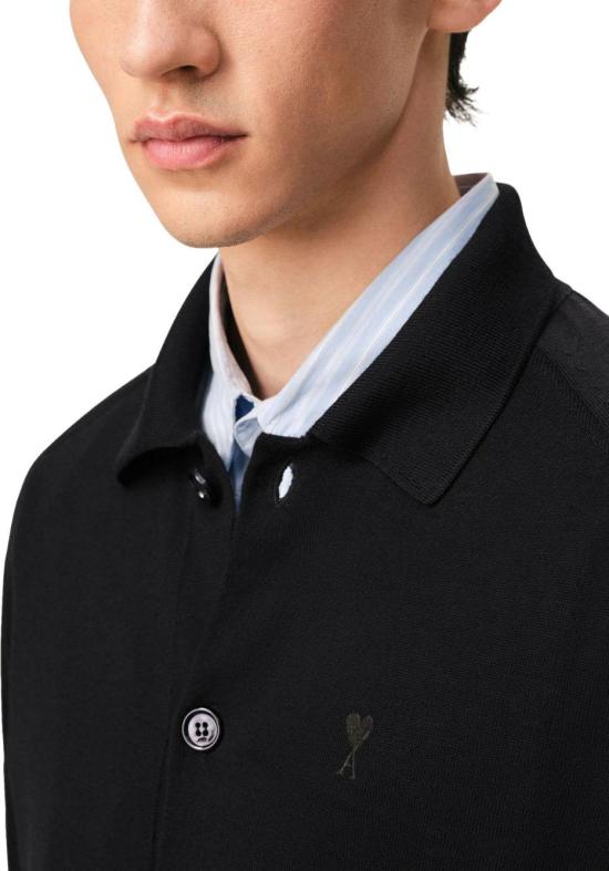 Classic Black Wool Cardigan With Embroidered Heart Emblem