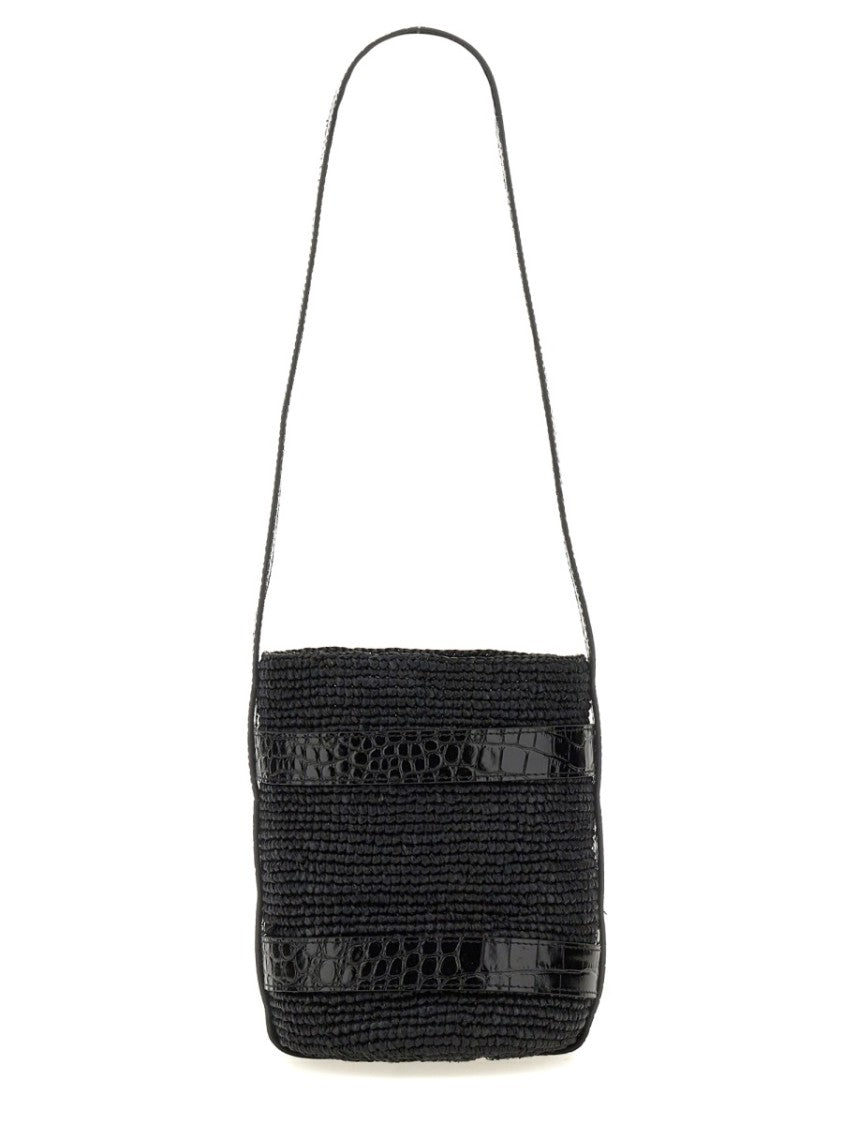 Textured Raffia Bucket Bag With Glossy Accents