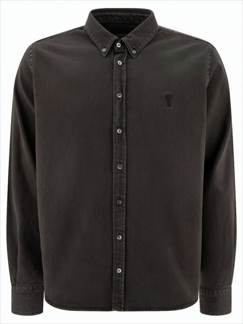 Long Sleeve Black Cotton Button-Down Shirt With Embroidered Logo