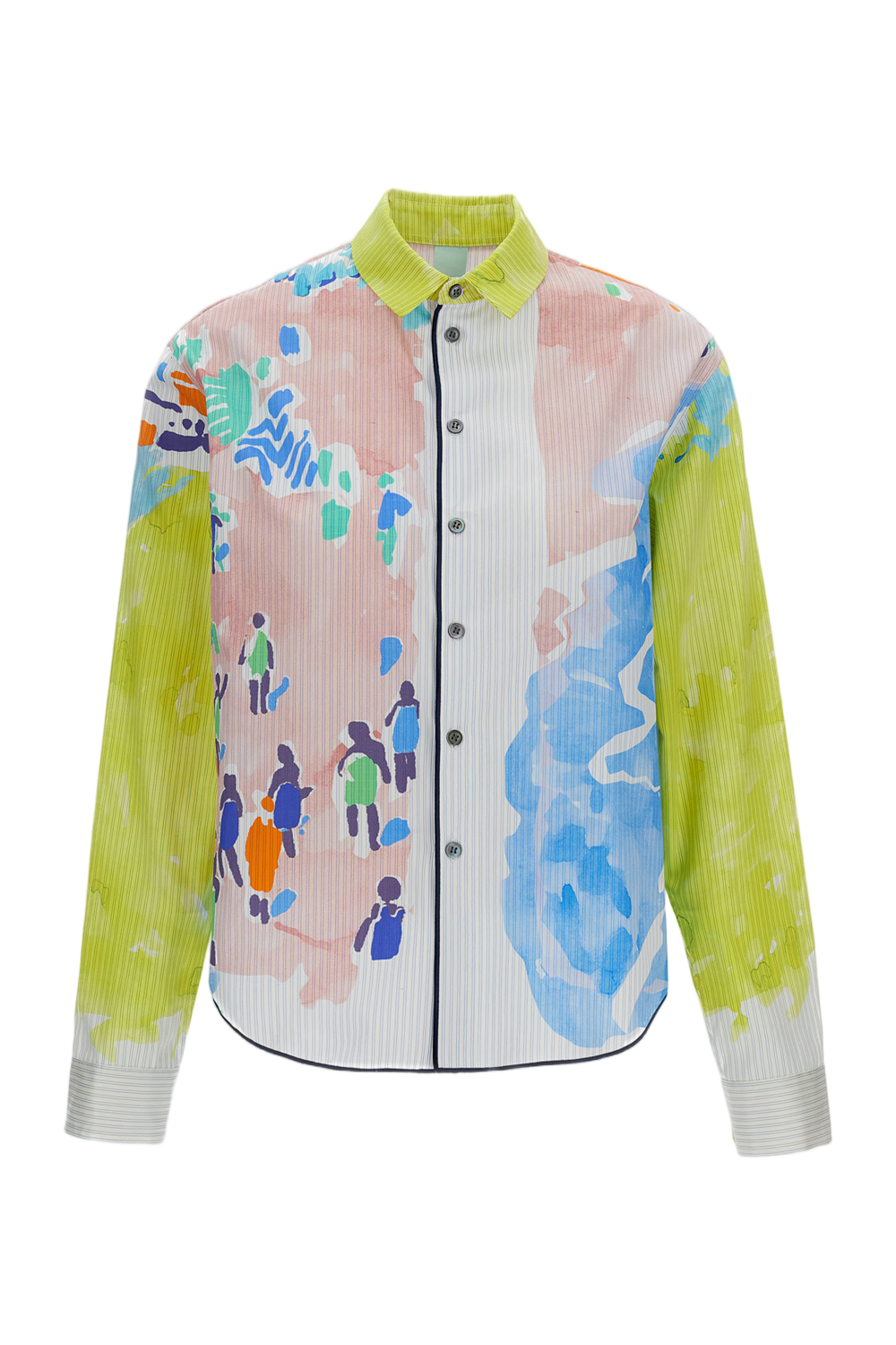 Cropped Long-Sleeved Cotton Shirt with Watercolor-Style Print