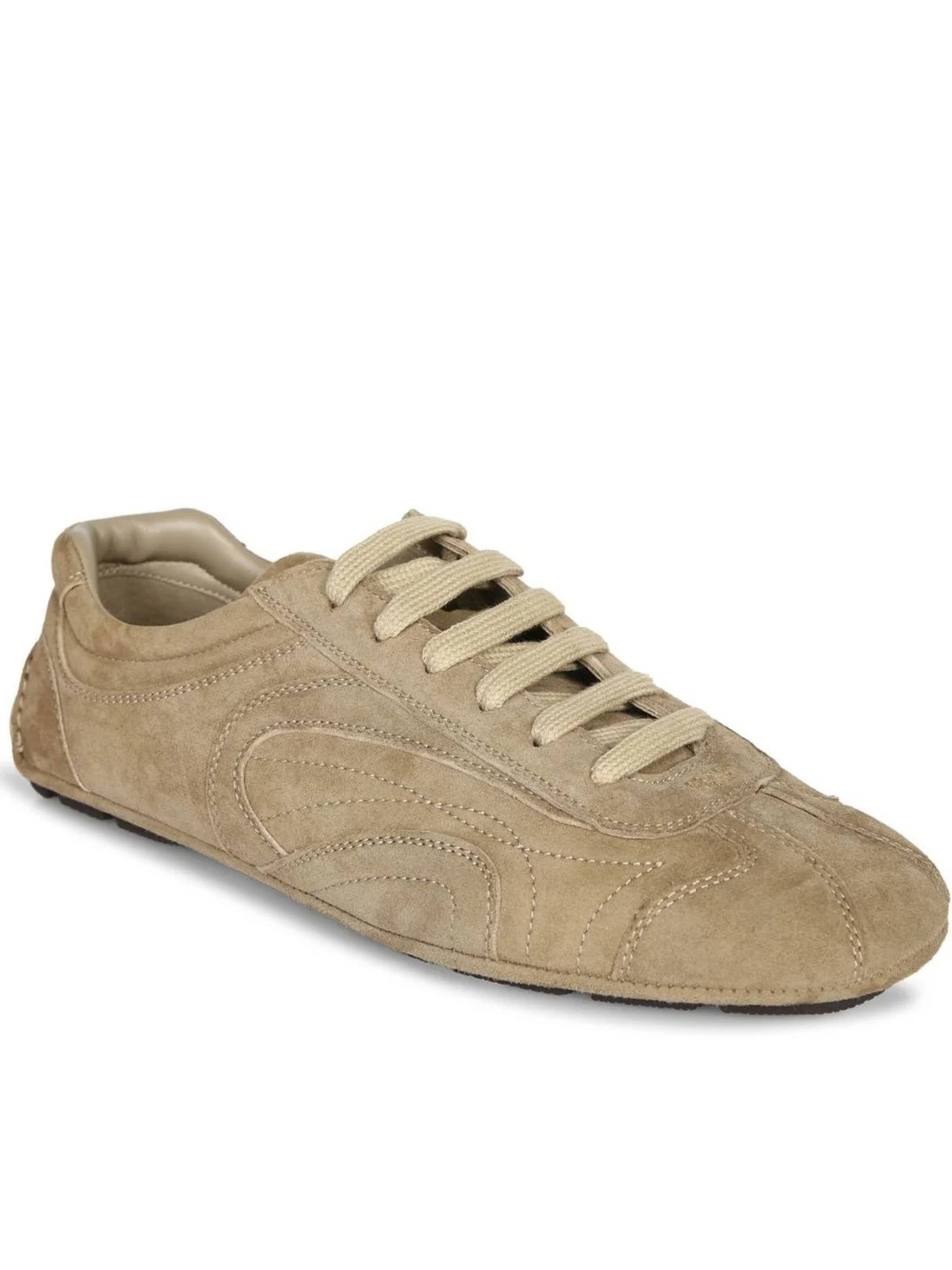 Low-Profile Brown Suede Sneakers with Intricate Stitching