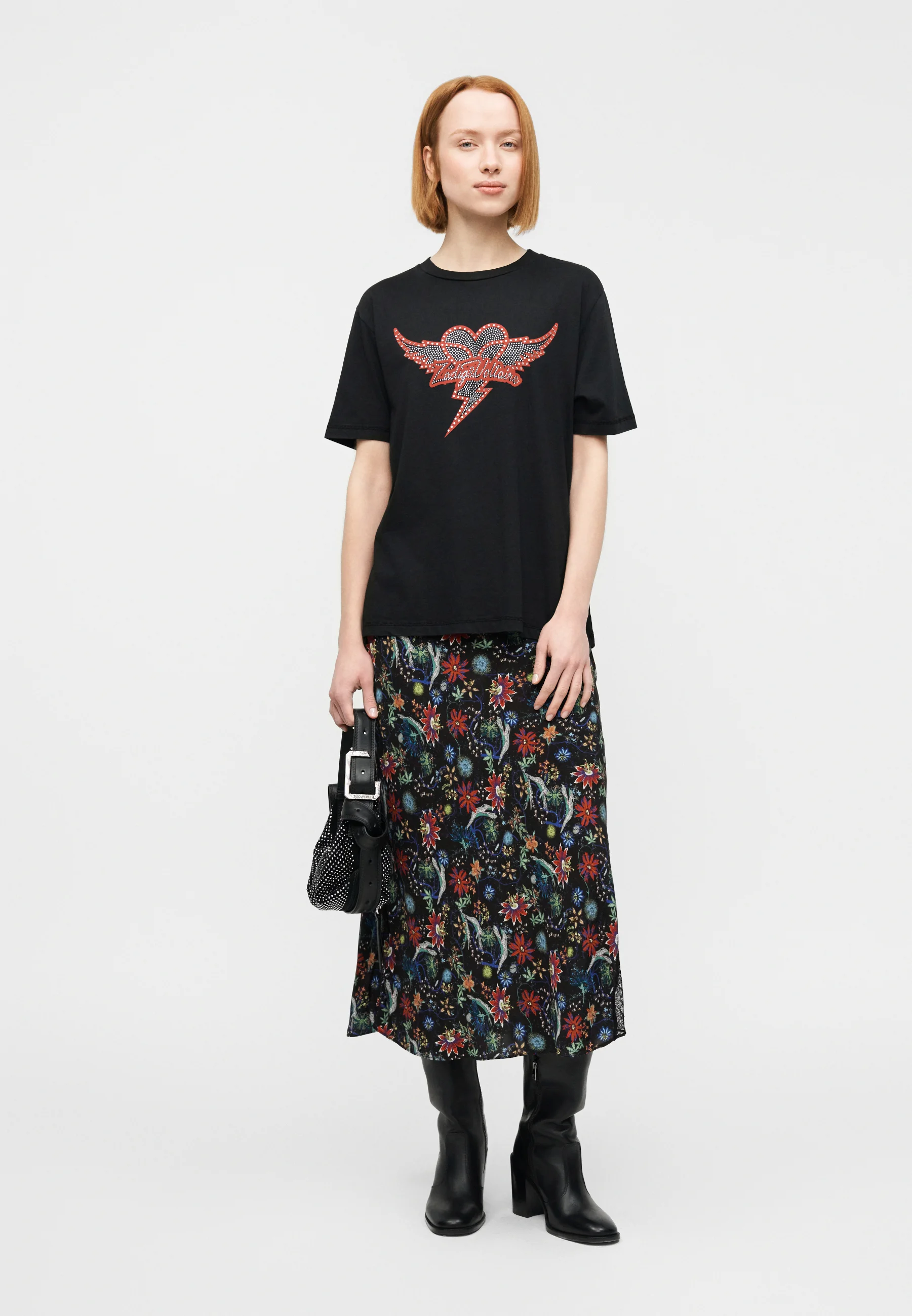 Midi Skirt with Floral and Abstract Pattern