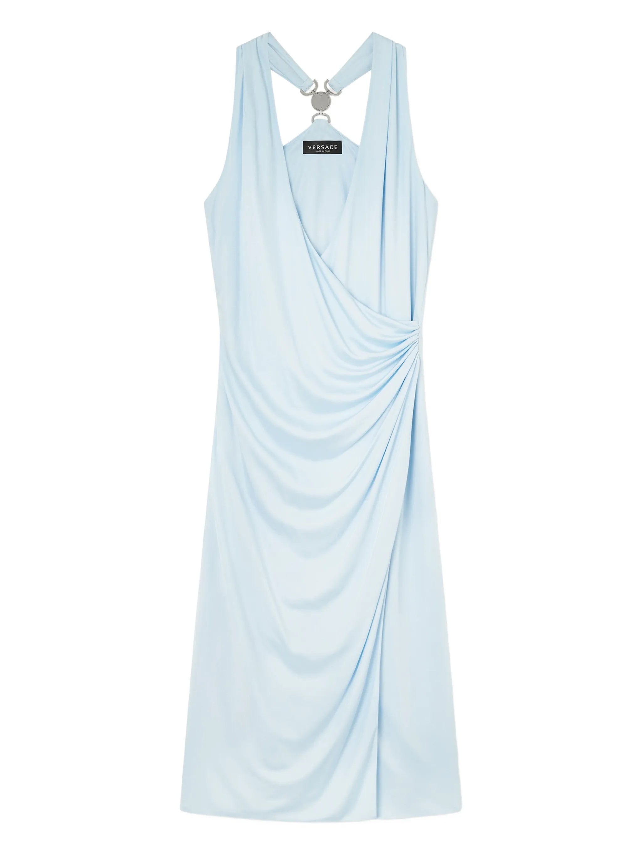 Black Draped V-Neck Viscose Midi Dress