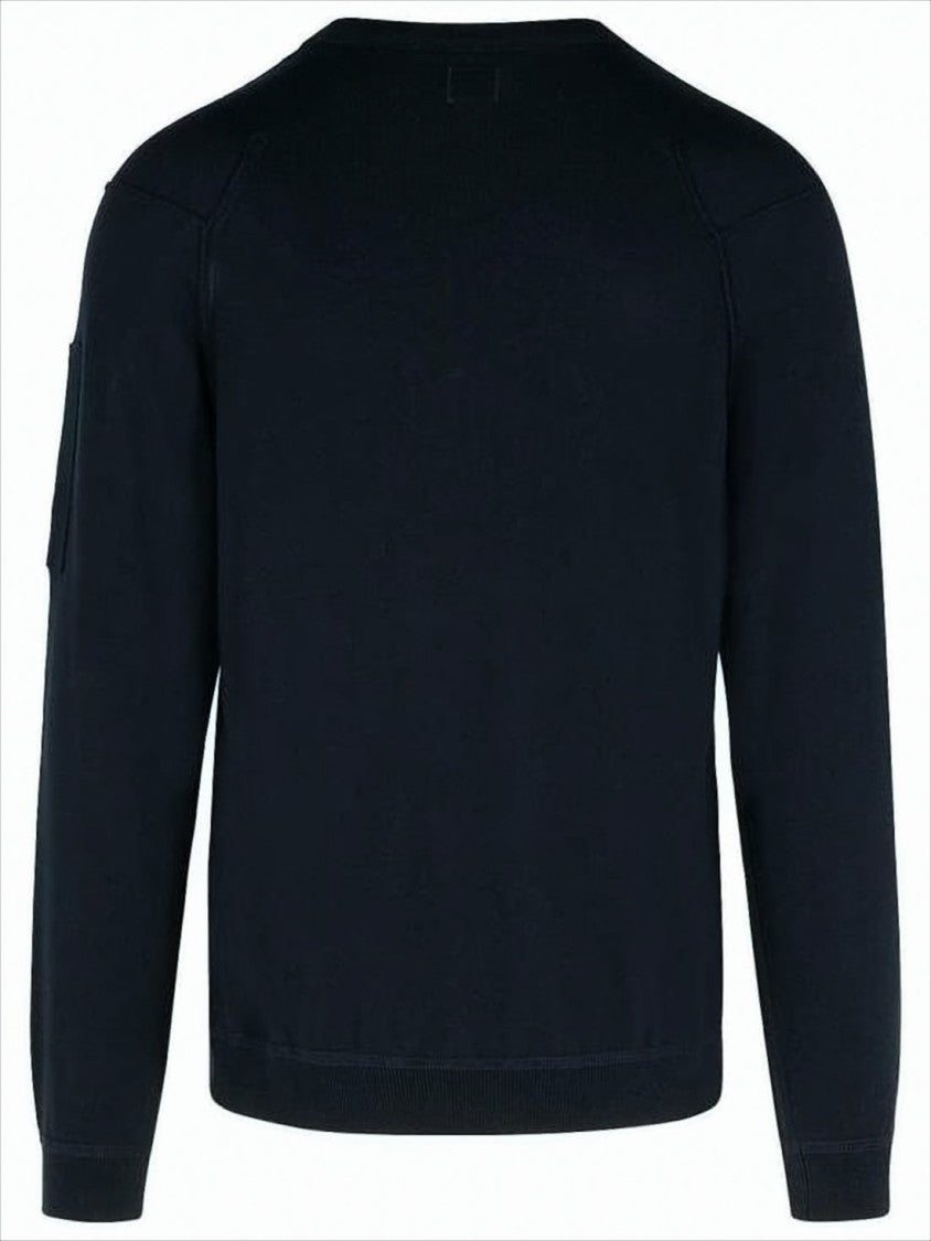 Crewneck Black Cotton Sweater with Distinctive Patch Pocket
