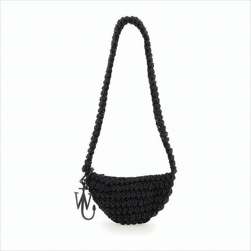 Woven Crescent Crossbody Bag With Braided Strap And Metallic Charm