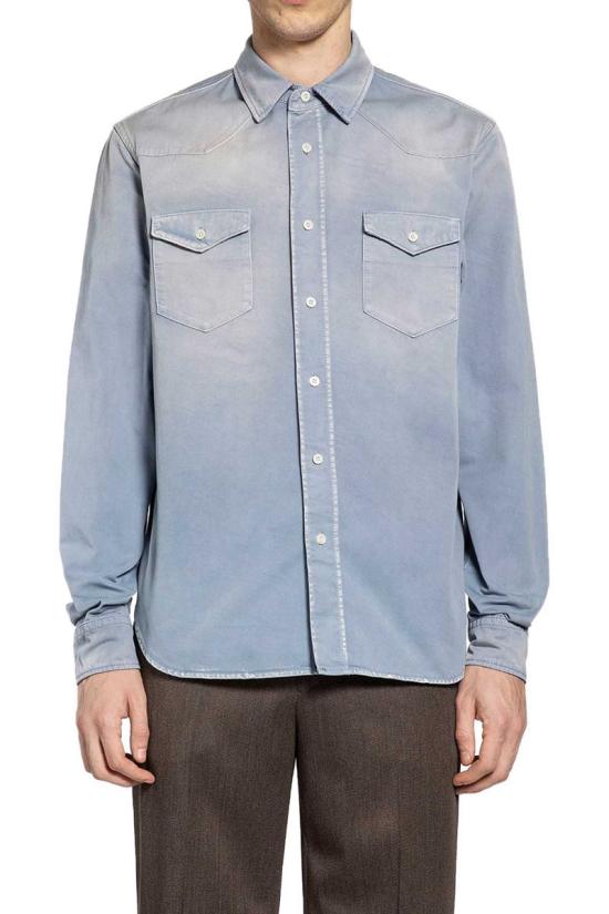 Long-Sleeve Shirt In Faded Blue Fabric With Dual Chest Pockets