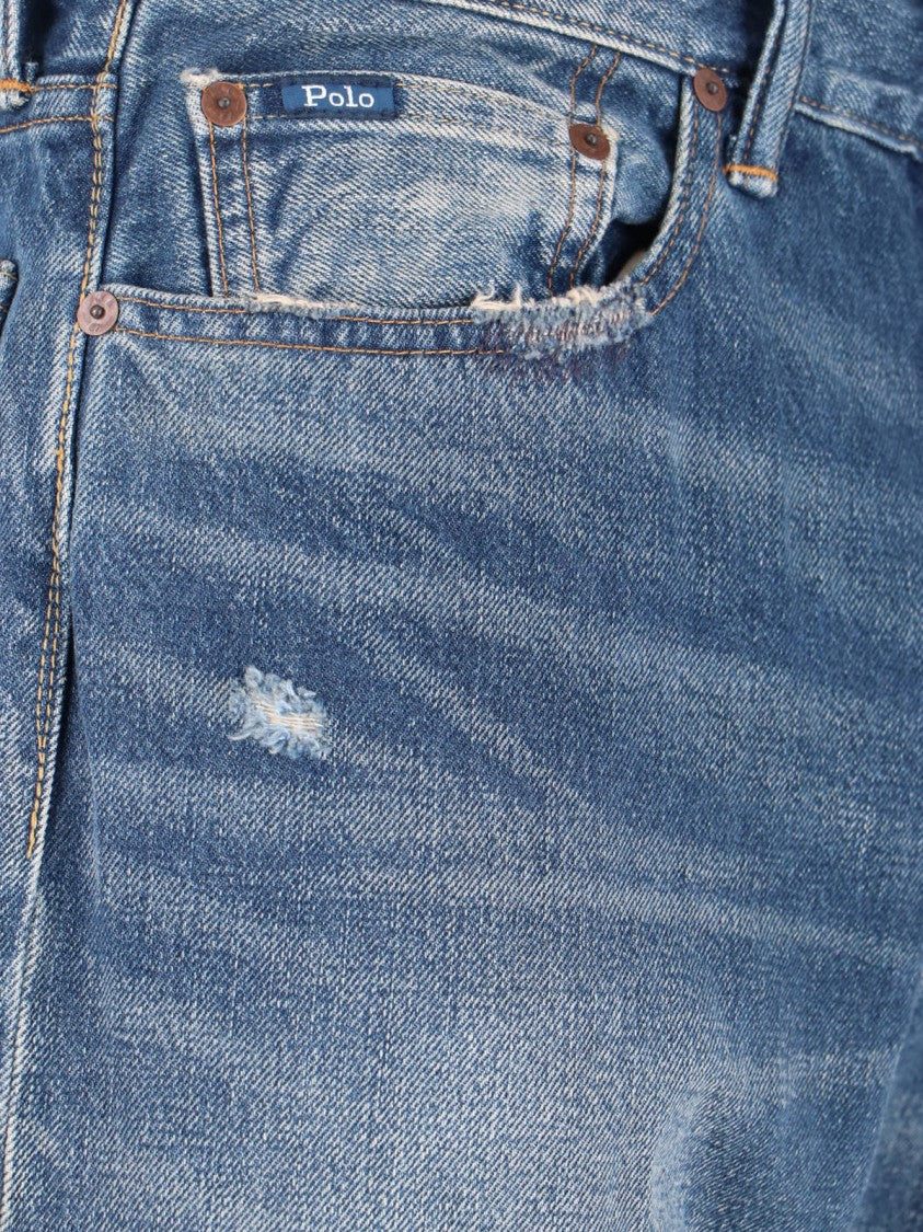 Straight-Leg Jeans In Medium Blue Denim With Distressed Finish
