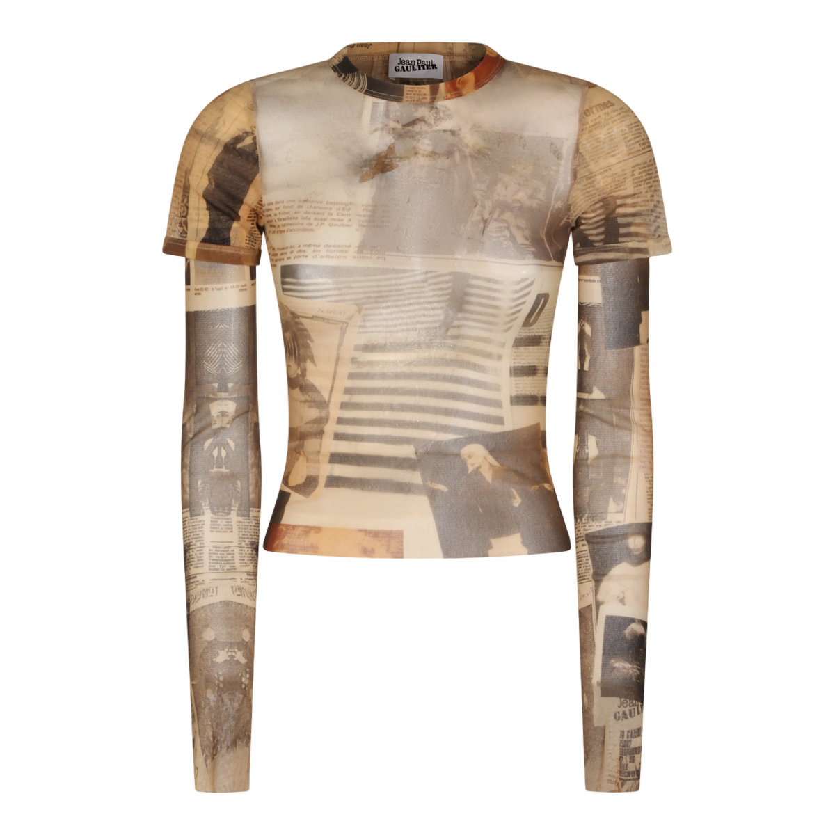 Fitted Newspaper Print Long-Sleeved Top