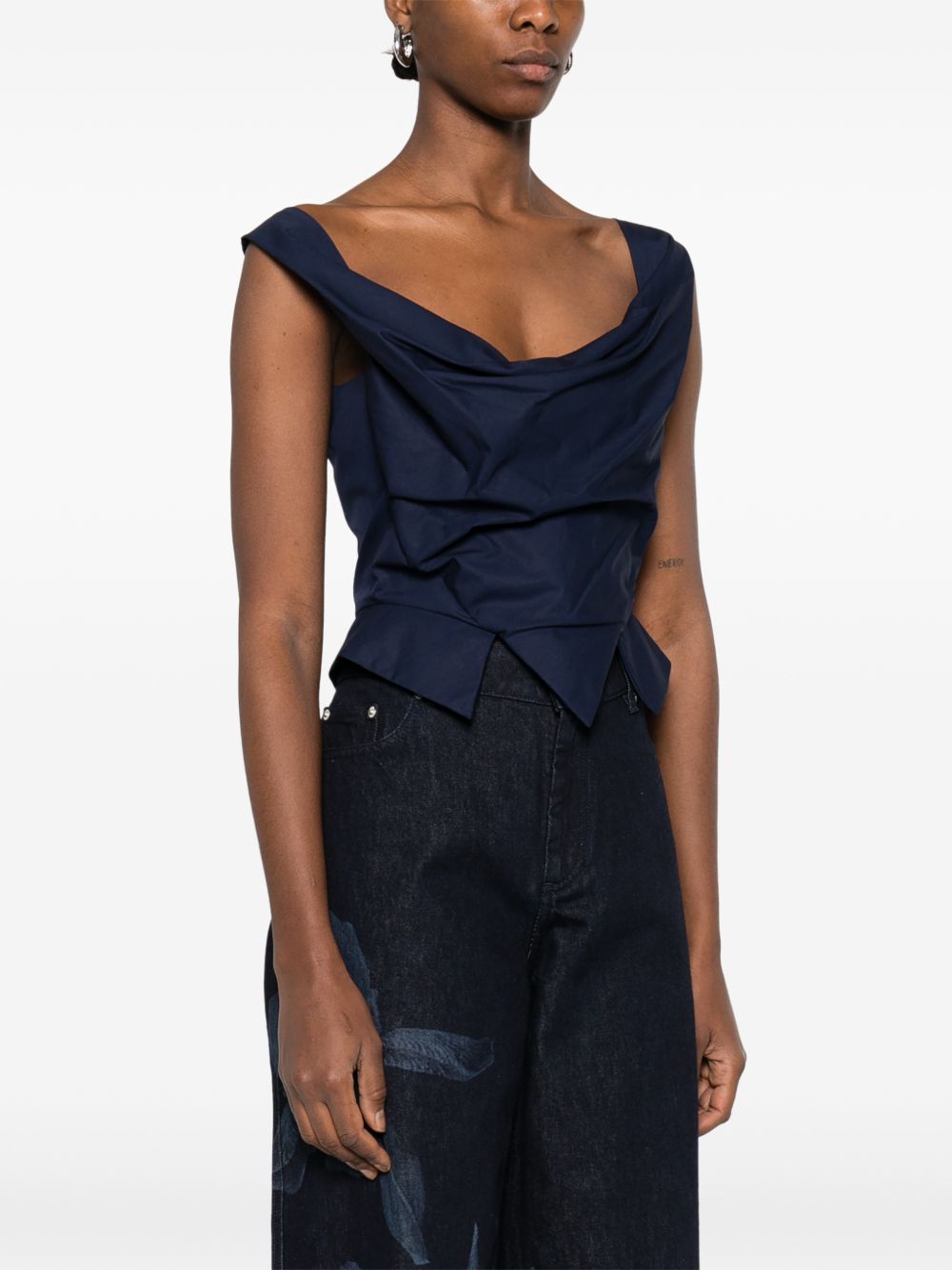 Sleeveless Blue Top With Draped Cowl Neckline And Pointed Hem